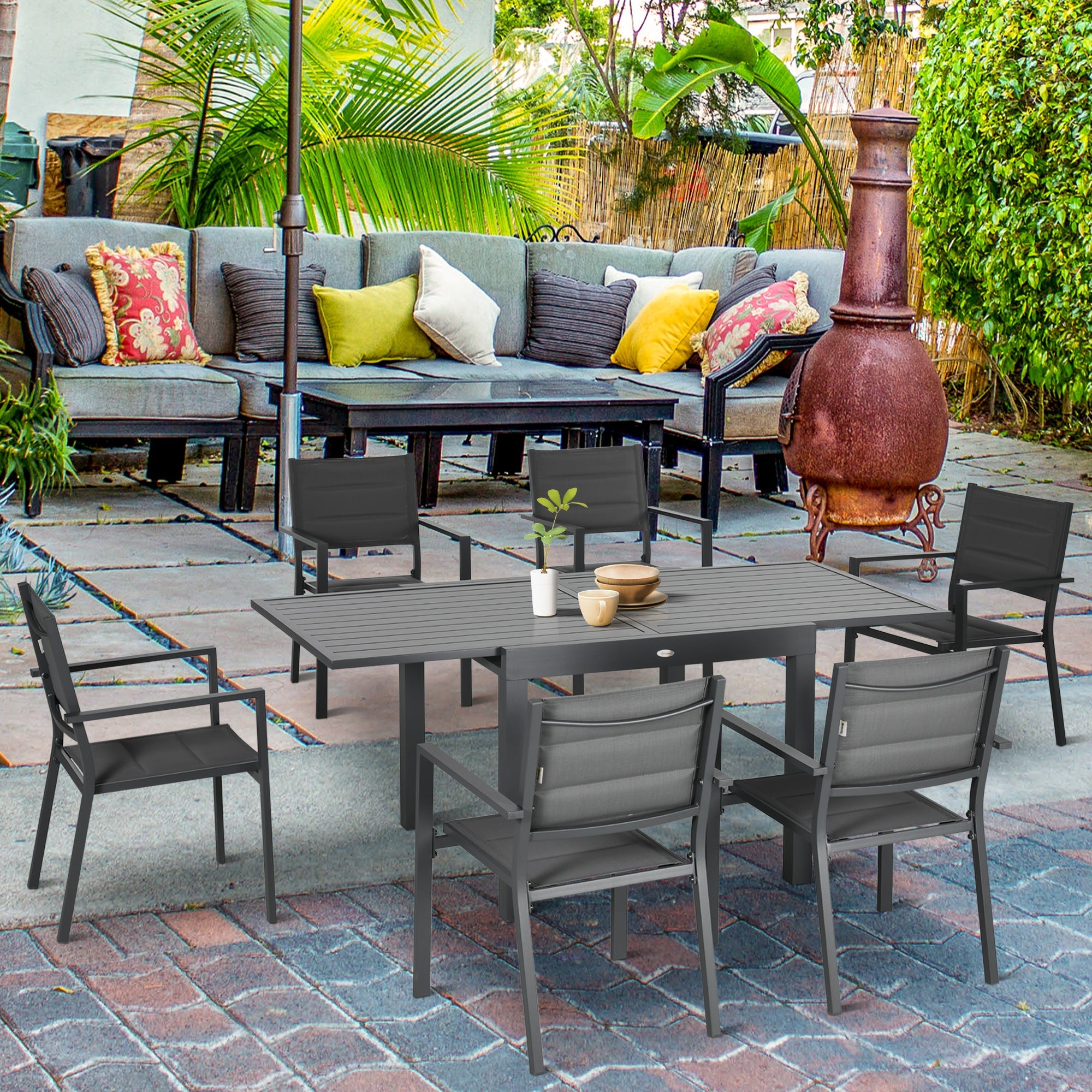 Easycomfort Set da Giardino with Tavolo Allungabile in Alluminio e 6 Sedie with Seduta Traspirante, Grigio