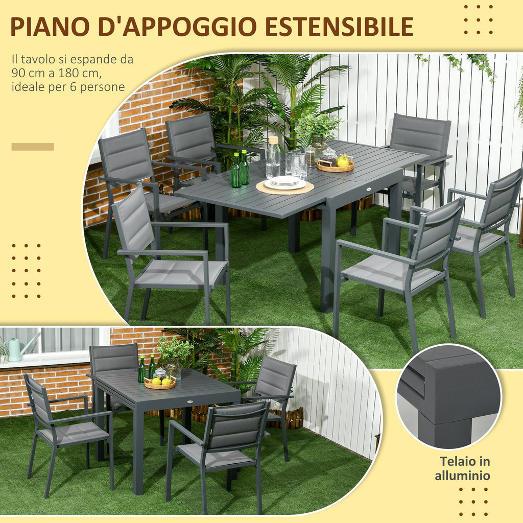 Easycomfort Set da Giardino with Tavolo Allungabile in Alluminio e 6 Sedie with Seduta Traspirante, Grigio