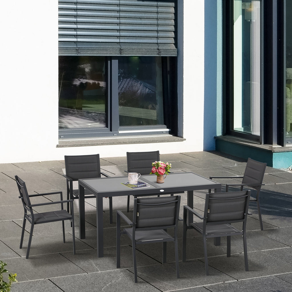 Easycomfort Set da Giardino with Tavolo Allungabile in Vetro e 6 Sedie with Seduta Traspirante, Grigio Scuro