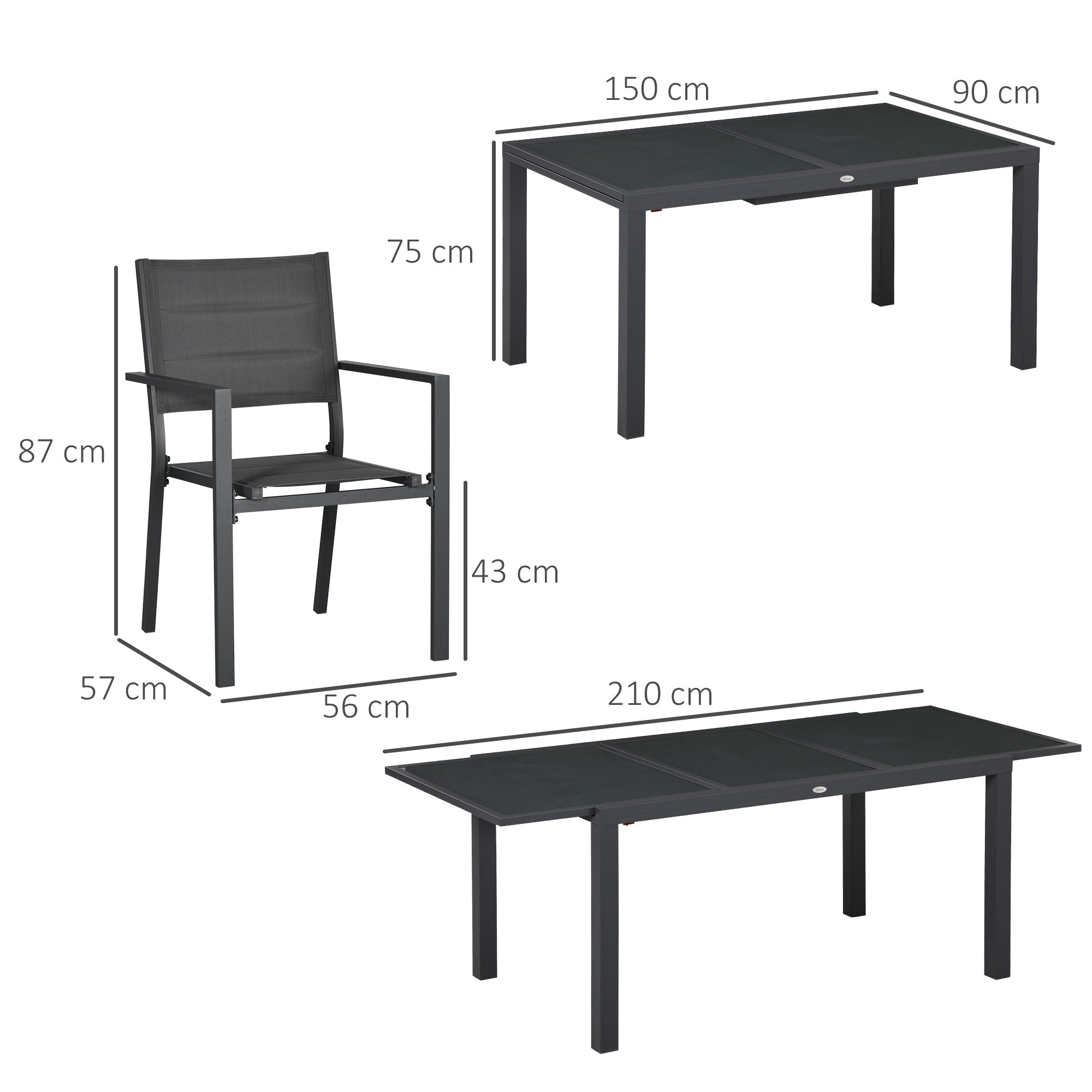 Easycomfort Set da Giardino with Tavolo Allungabile in Vetro e 6 Sedie with Seduta Traspirante, Grigio Scuro