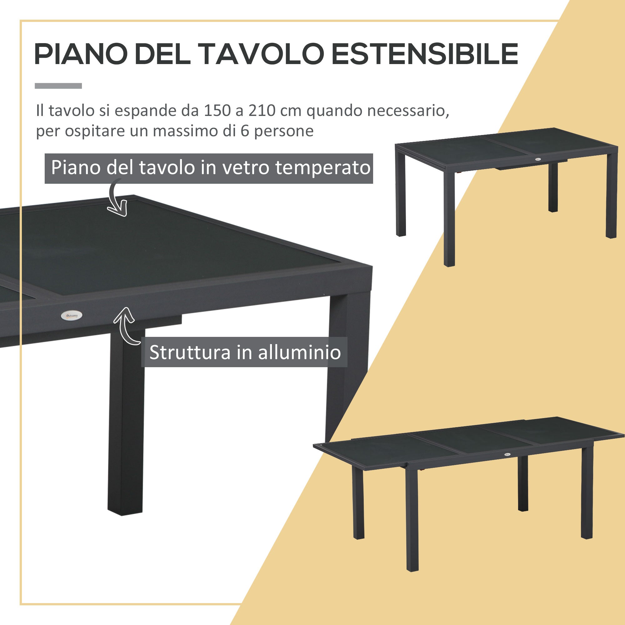 Easycomfort Set da Giardino with Tavolo Allungabile in Vetro e 6 Sedie with Seduta Traspirante, Grigio Scuro
