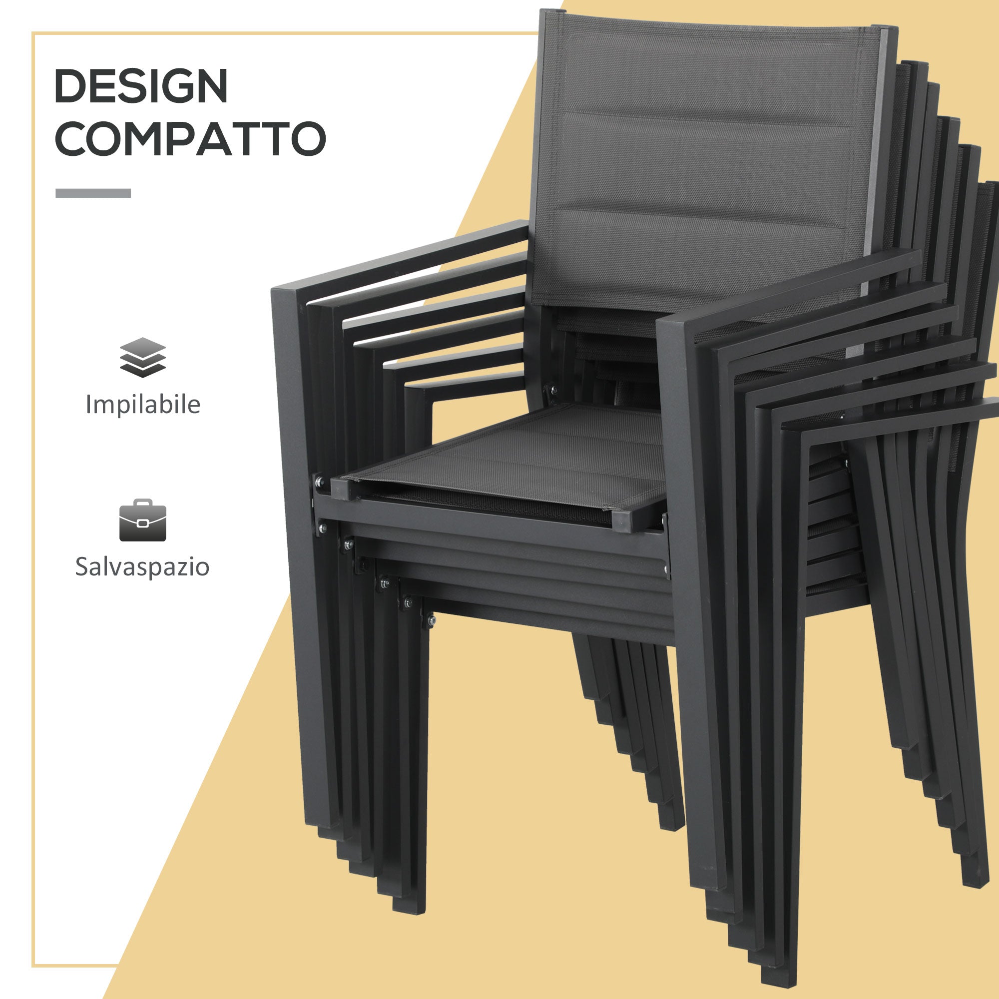 Easycomfort Set da Giardino with Tavolo Allungabile in Vetro e 6 Sedie with Seduta Traspirante, Grigio Scuro
