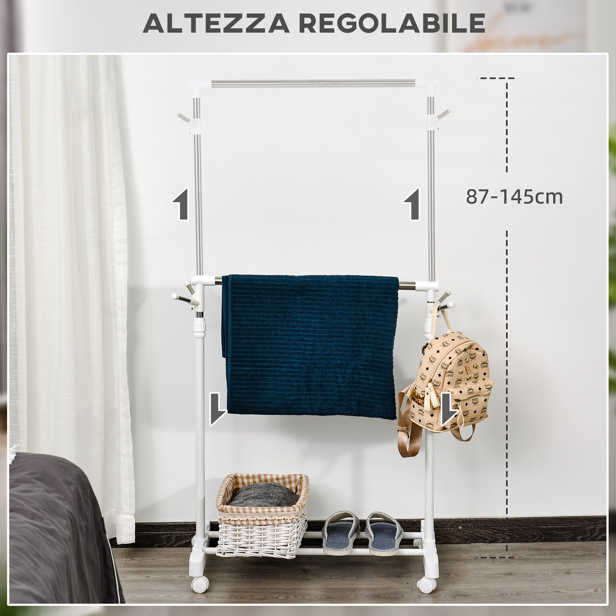 EasyComfort kledingrek verstelbaar met wielen 68.5x42x87-145 cm, draagkracht 15 kg