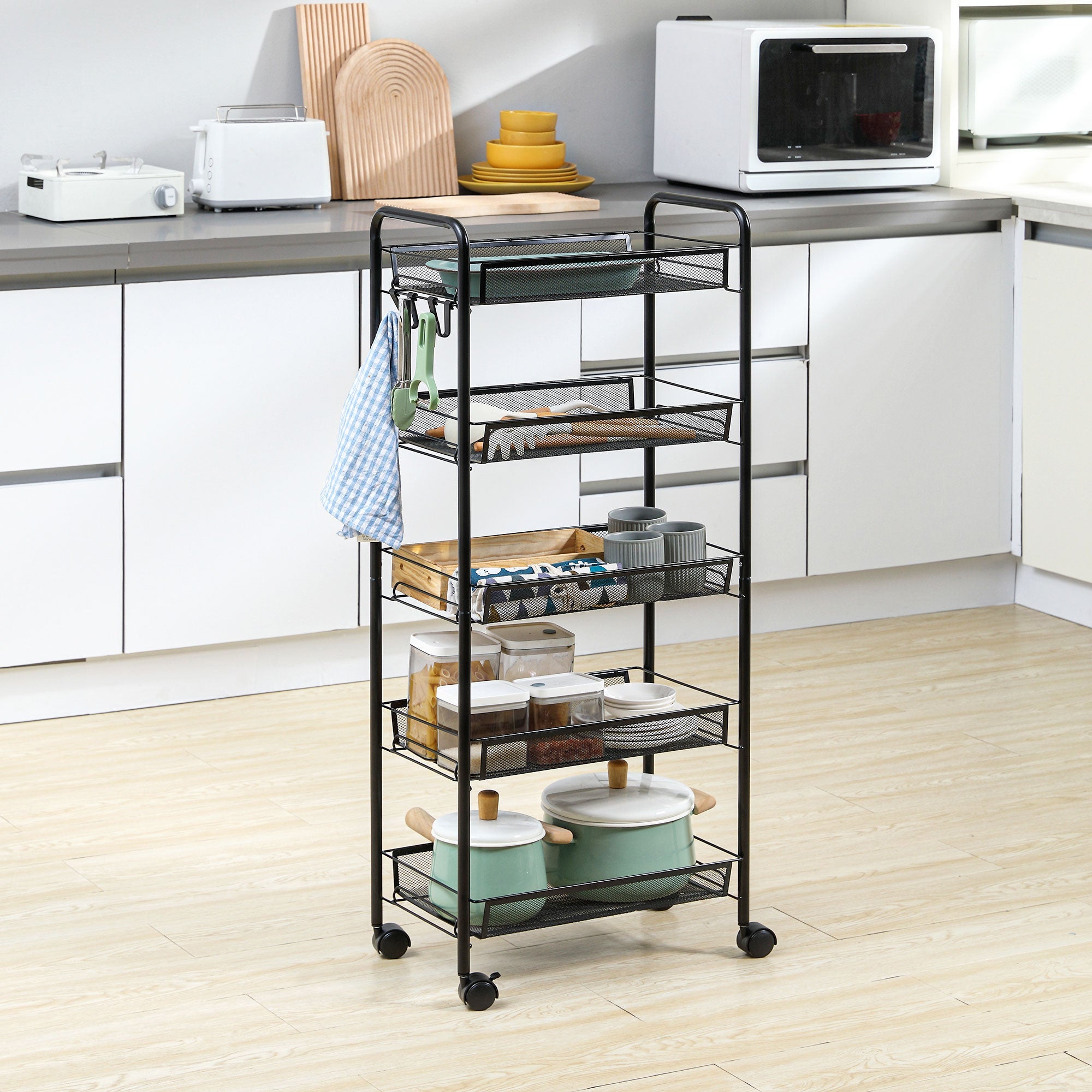 Easycomfort Carrello da Cucina Salvaspazio a 5 Livelli with Cestini a Rete in Acciaio, 45x26.5x106cm, black