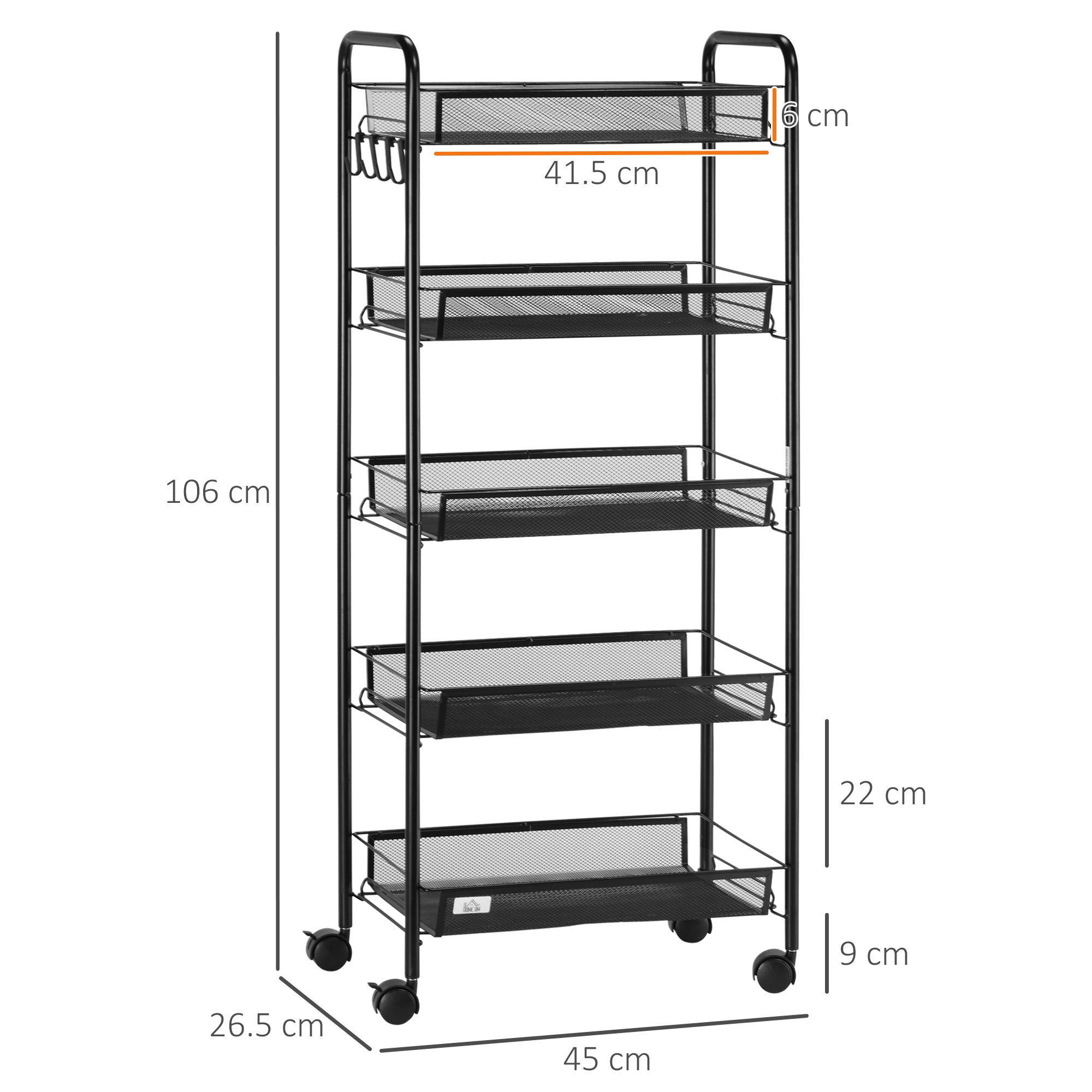Easycomfort Carrello da Cucina Salvaspazio a 5 Livelli with Cestini a Rete in Acciaio, 45x26.5x106cm, black