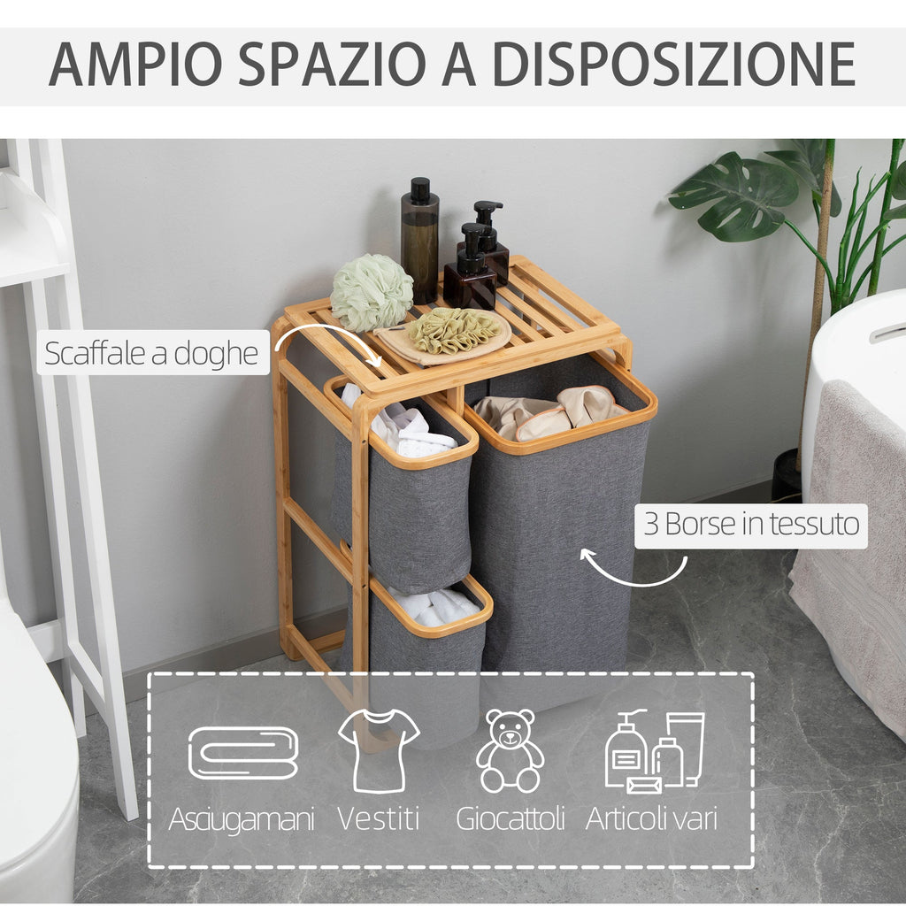 Easycomfort Cesto Portabiancheria with 3 Scomparti Estraibili in Tessuto e Bambù, 50x32x69.7cm
