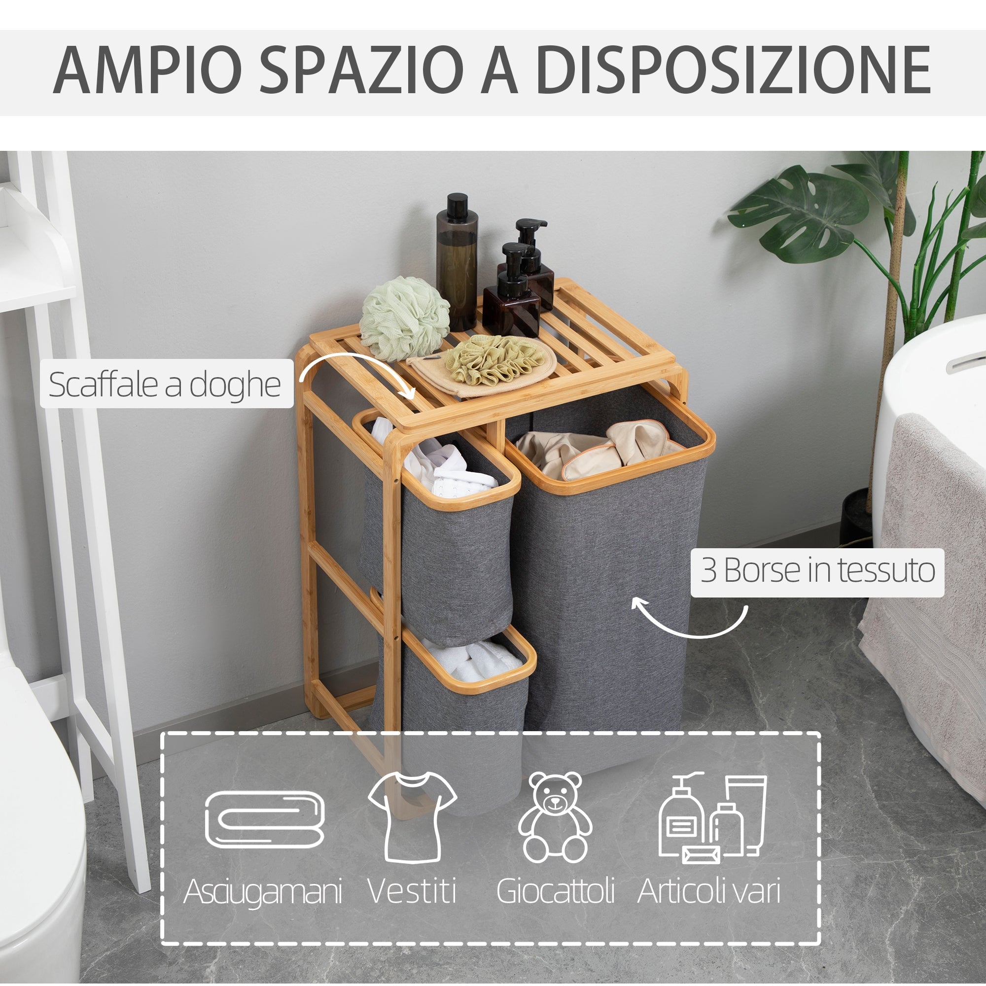 Easycomfort Cesto Portabiancheria with 3 Scomparti Estraibili in Tessuto e Bambù, 50x32x69.7cm