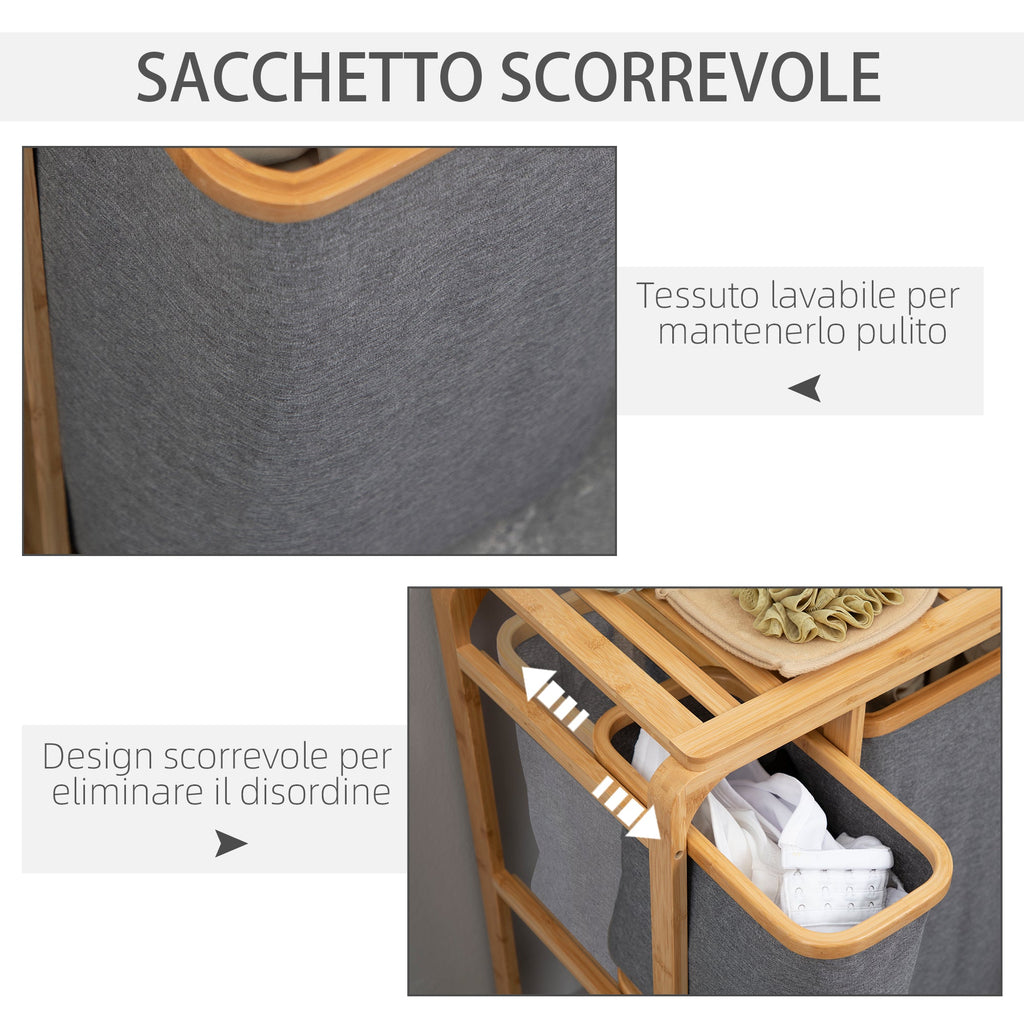 Easycomfort Cesto Portabiancheria with 3 Scomparti Estraibili in Tessuto e Bambù, 50x32x69.7cm