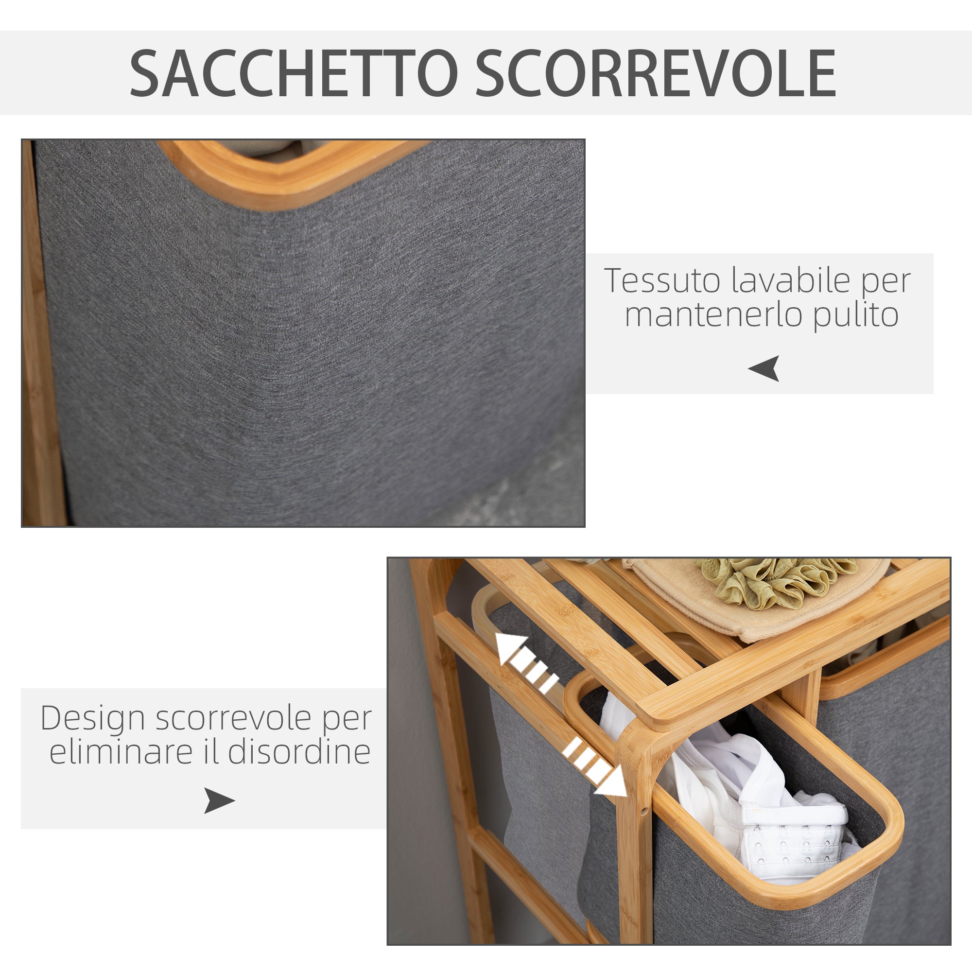 Easycomfort Cesto Portabiancheria with 3 Scomparti Estraibili in Tessuto e Bambù, 50x32x69.7cm