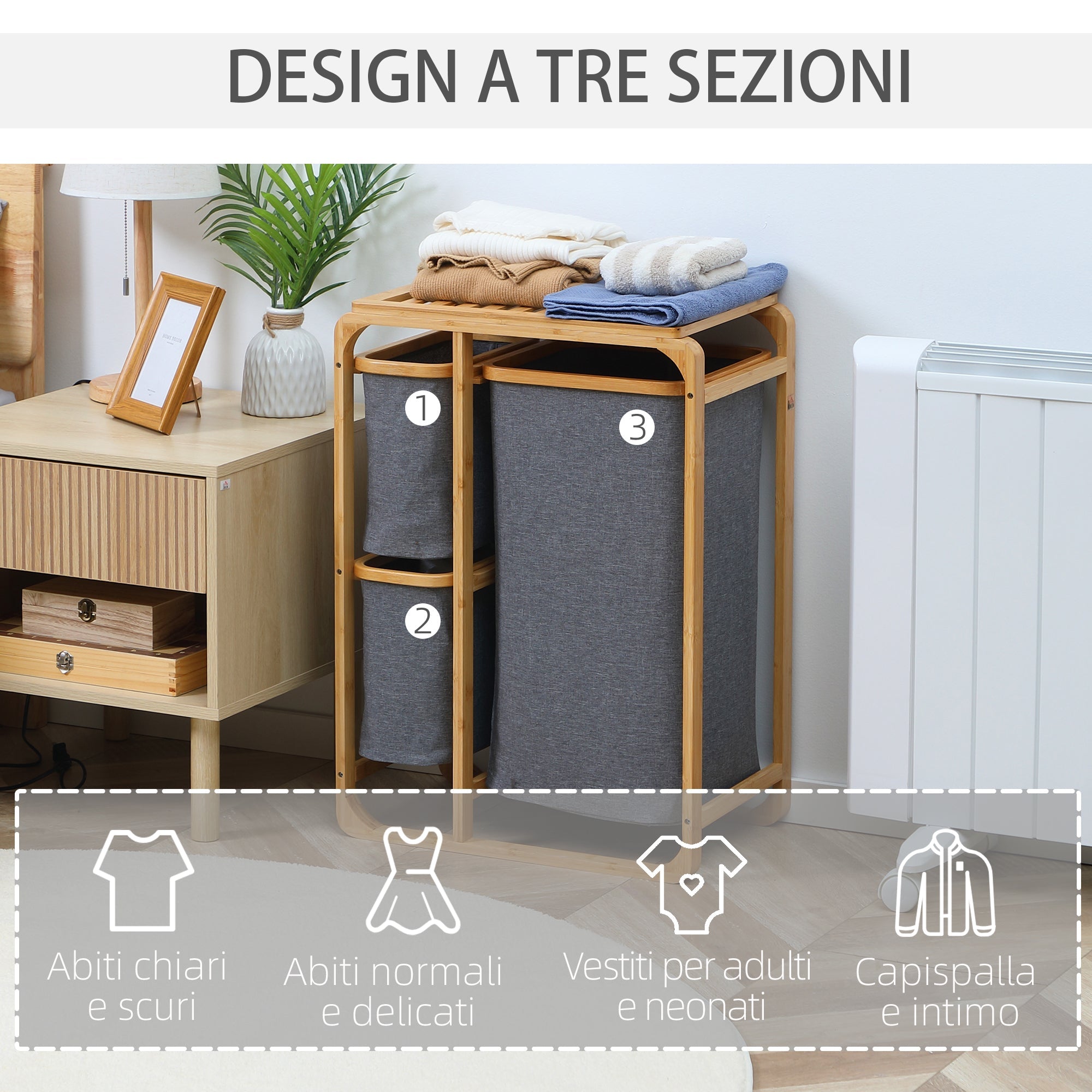 Easycomfort Cesto Portabiancheria with 3 Scomparti Estraibili in Tessuto e Bambù, 50x32x69.7cm