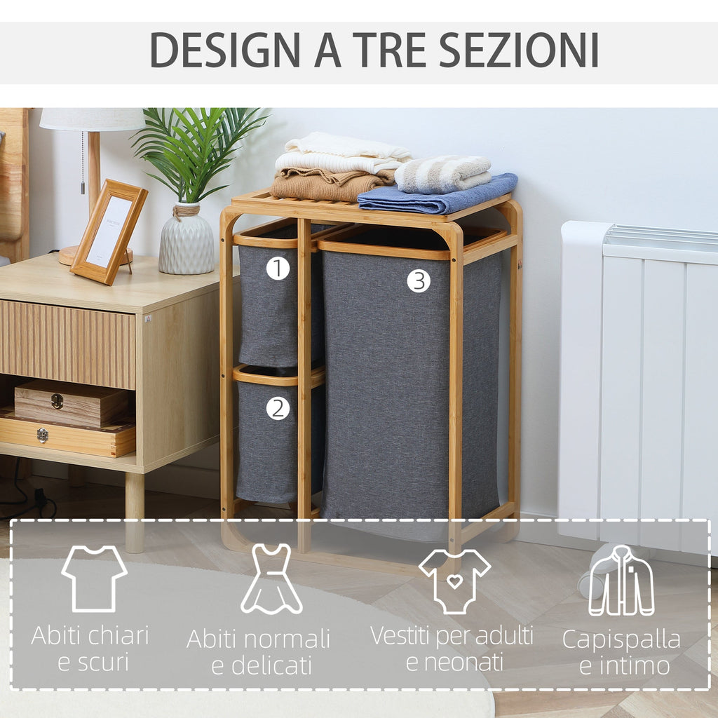 Easycomfort Cesto Portabiancheria with 3 Scomparti Estraibili in Tessuto e Bambù, 50x32x69.7cm