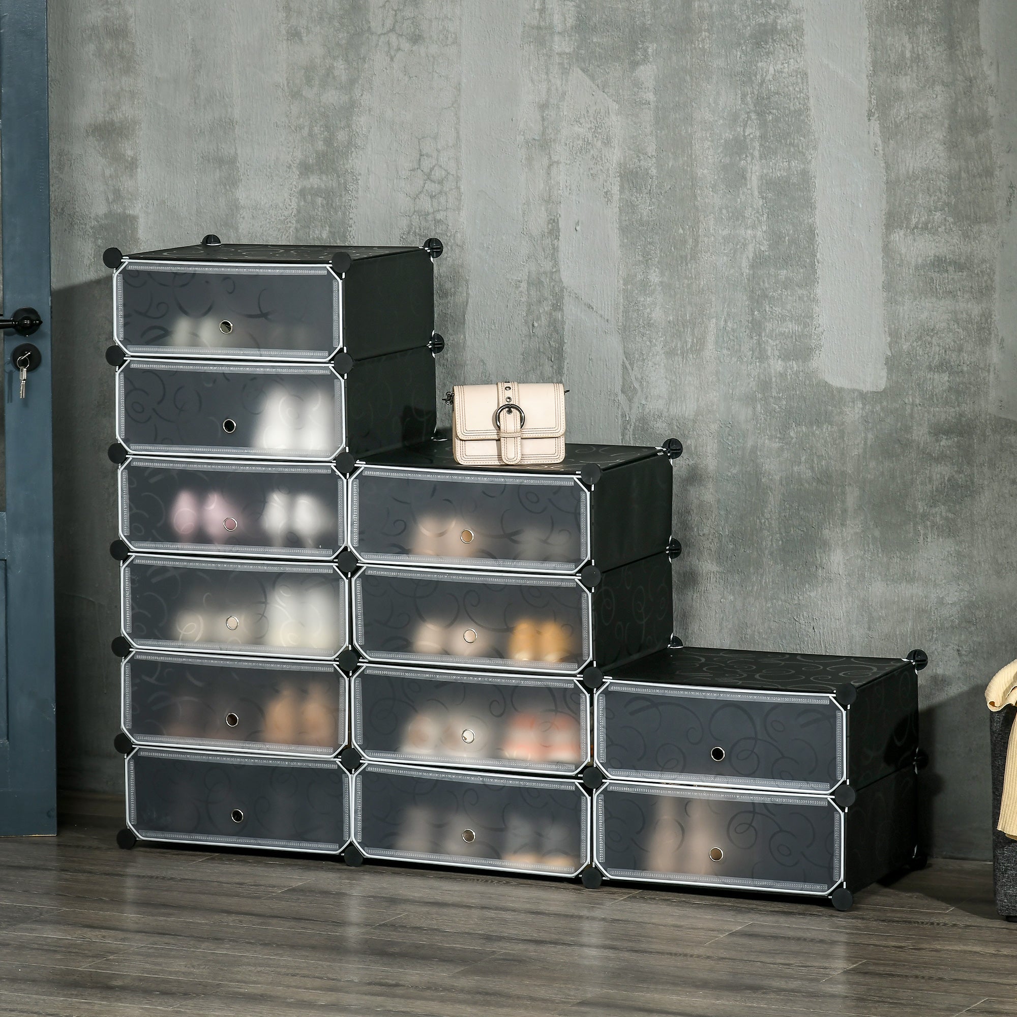 EasyComfort modulaire schoenenkast - 12 kubussen 45x35x16 cm, PP en staal, zwart/wit