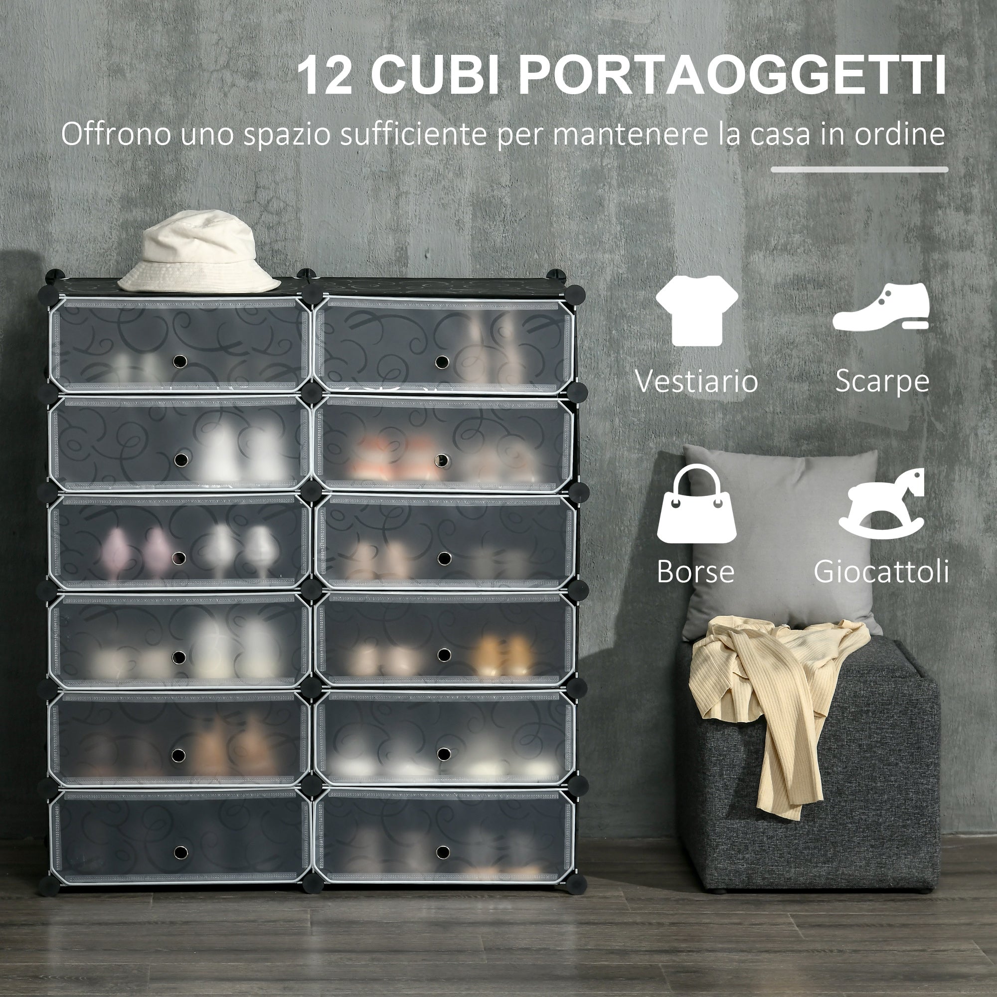 EasyComfort modulaire schoenenkast - 12 kubussen 45x35x16 cm, PP en staal, zwart/wit