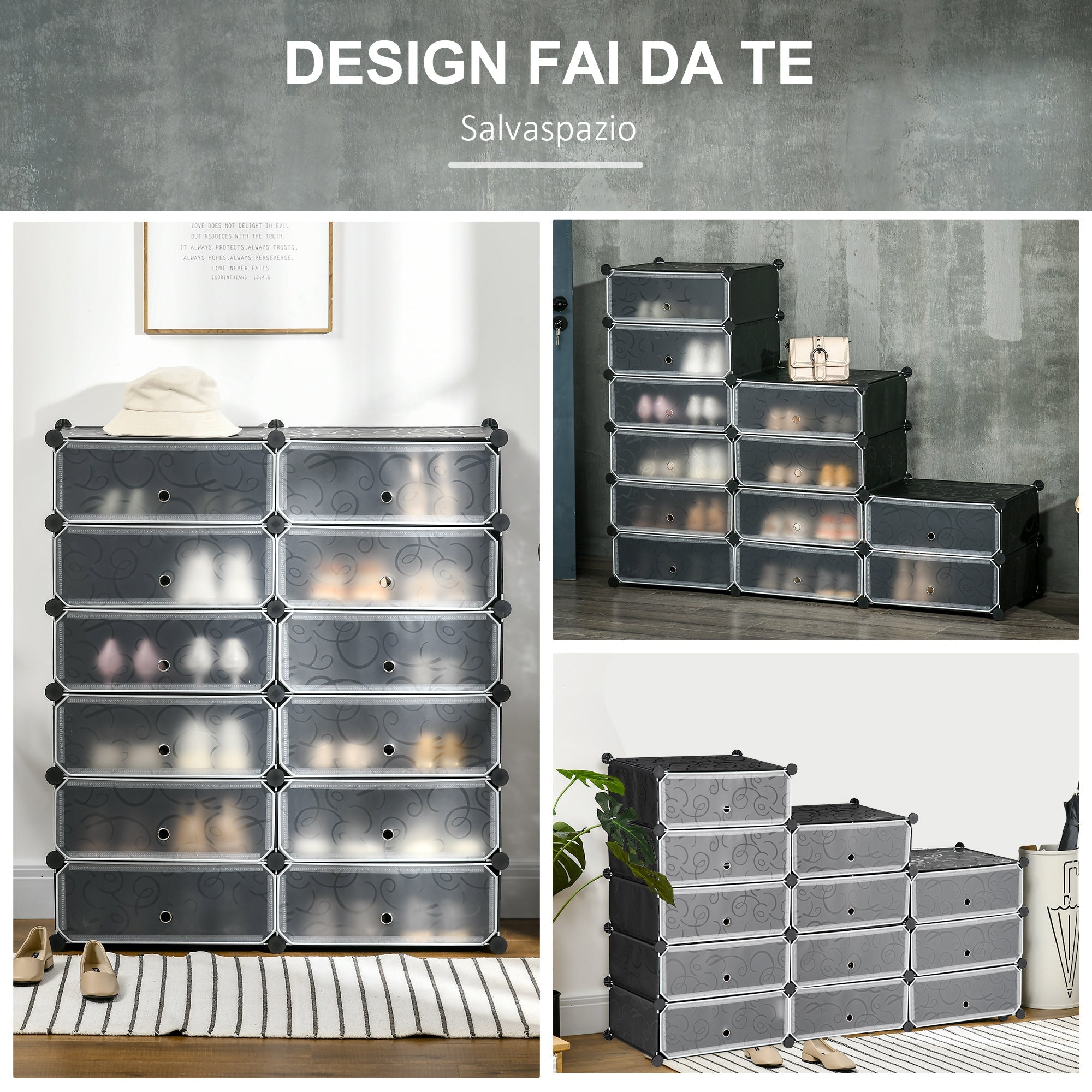 EasyComfort modulaire schoenenkast - 12 kubussen 45x35x16 cm, PP en staal, zwart/wit