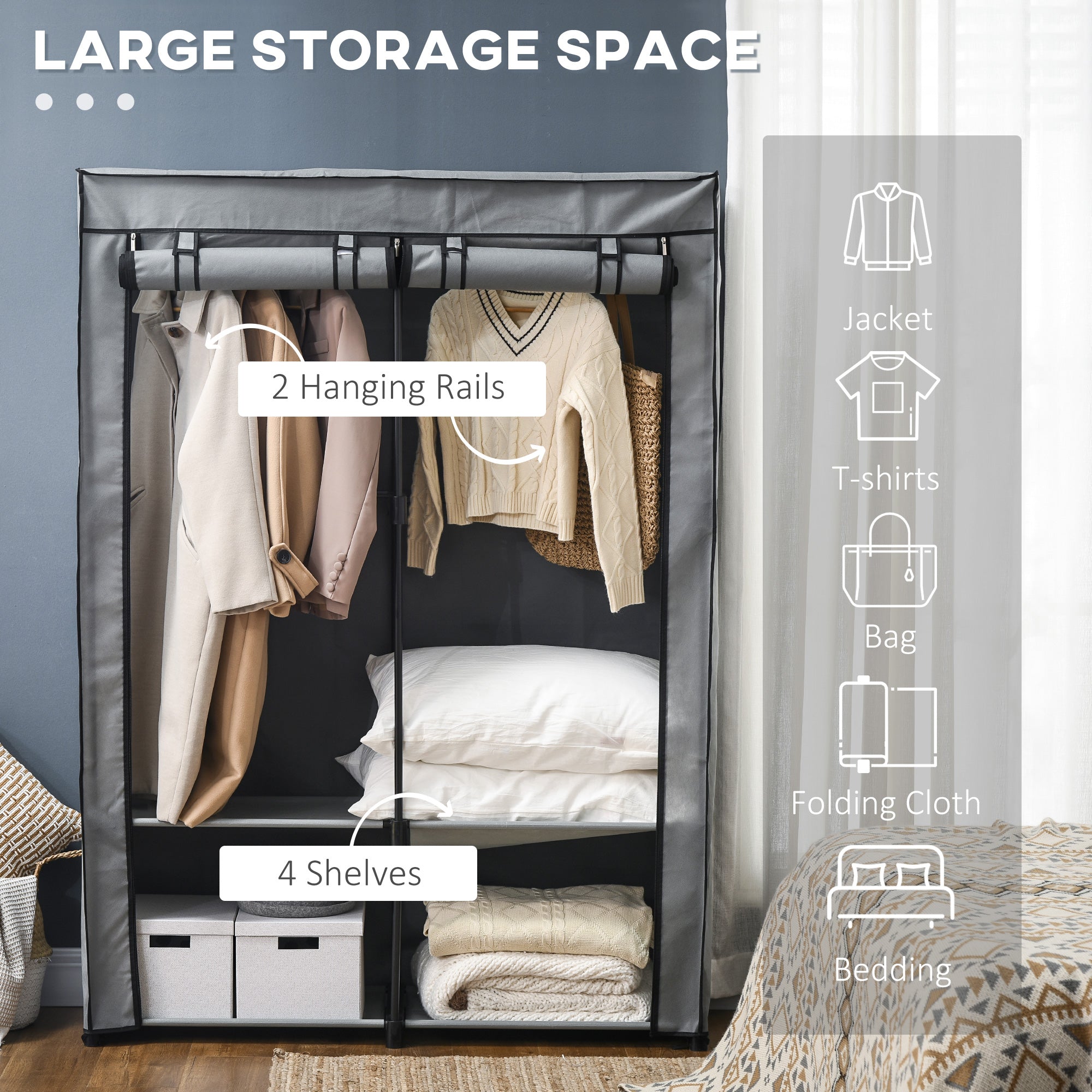 EasyComfort draagbare kledingkast 118x49x170 cm - lichtgrijs