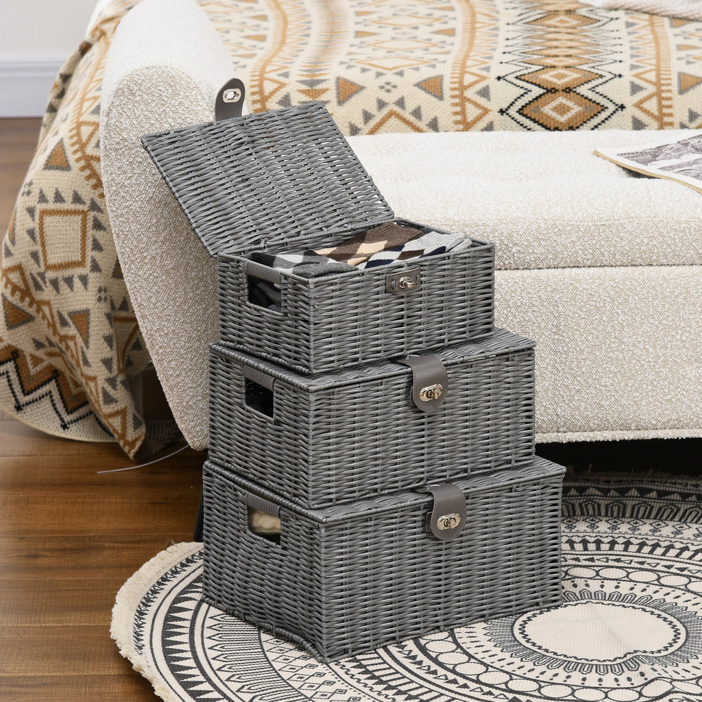 EasyComfort Set van 3 PP-rietenmanden met deksel, grijs
