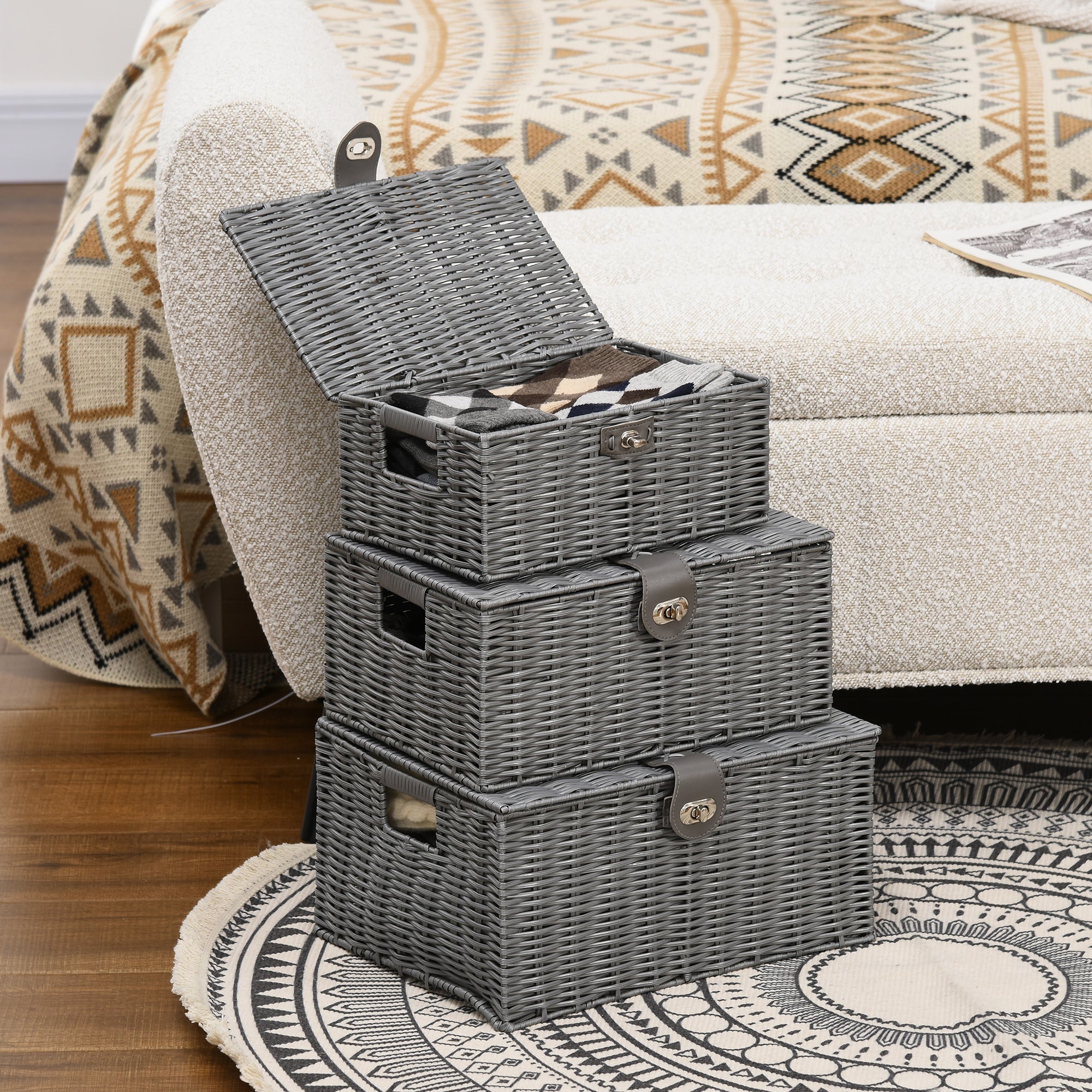 EasyComfort Set van 3 PP-rietenmanden met deksel, grijs