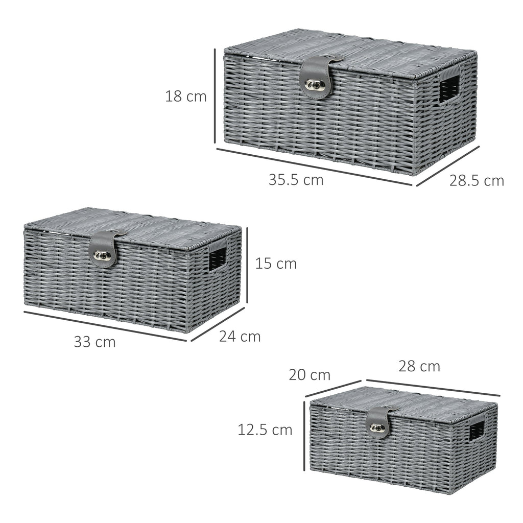 EasyComfort Set van 3 PP-rietenmanden met deksel, grijs