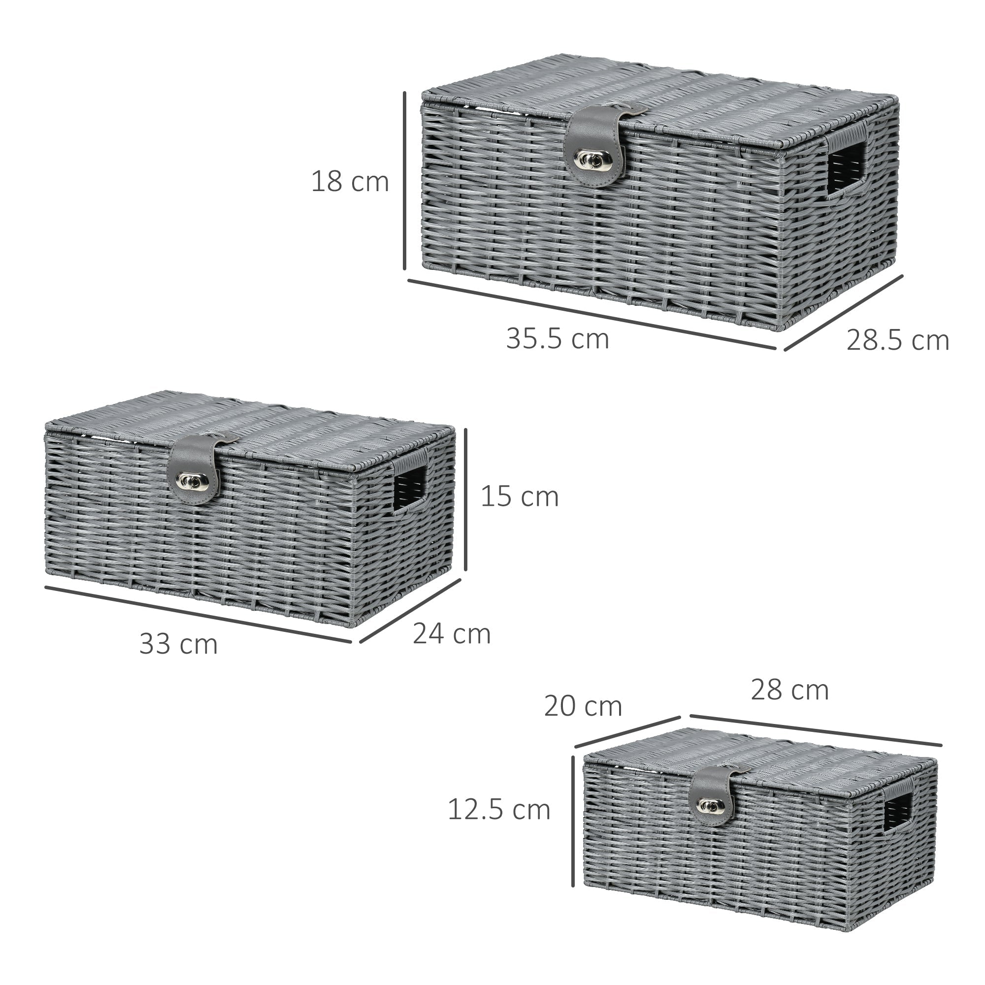 EasyComfort Set van 3 PP-rietenmanden met deksel, grijs