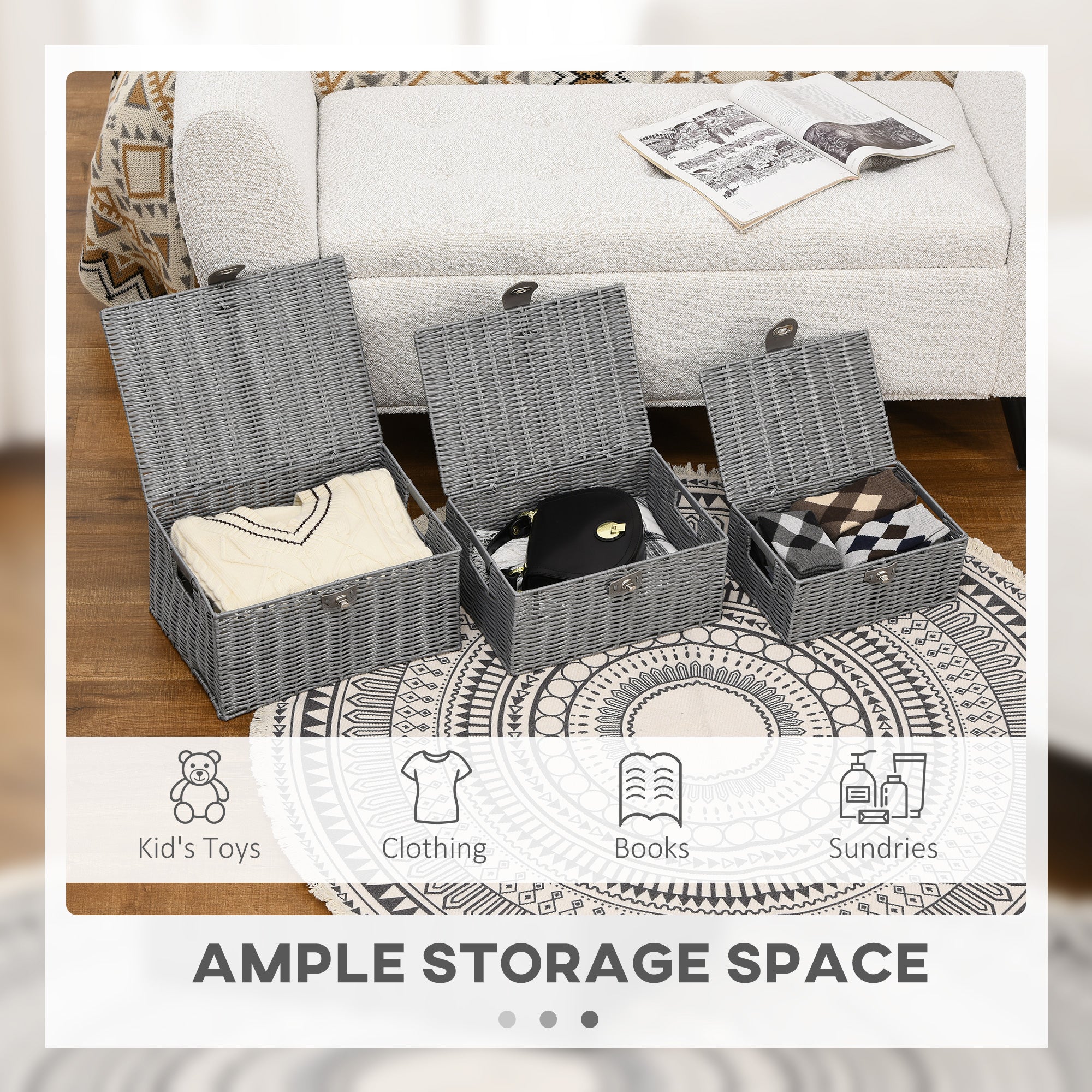 EasyComfort Set van 3 PP-rietenmanden met deksel, grijs