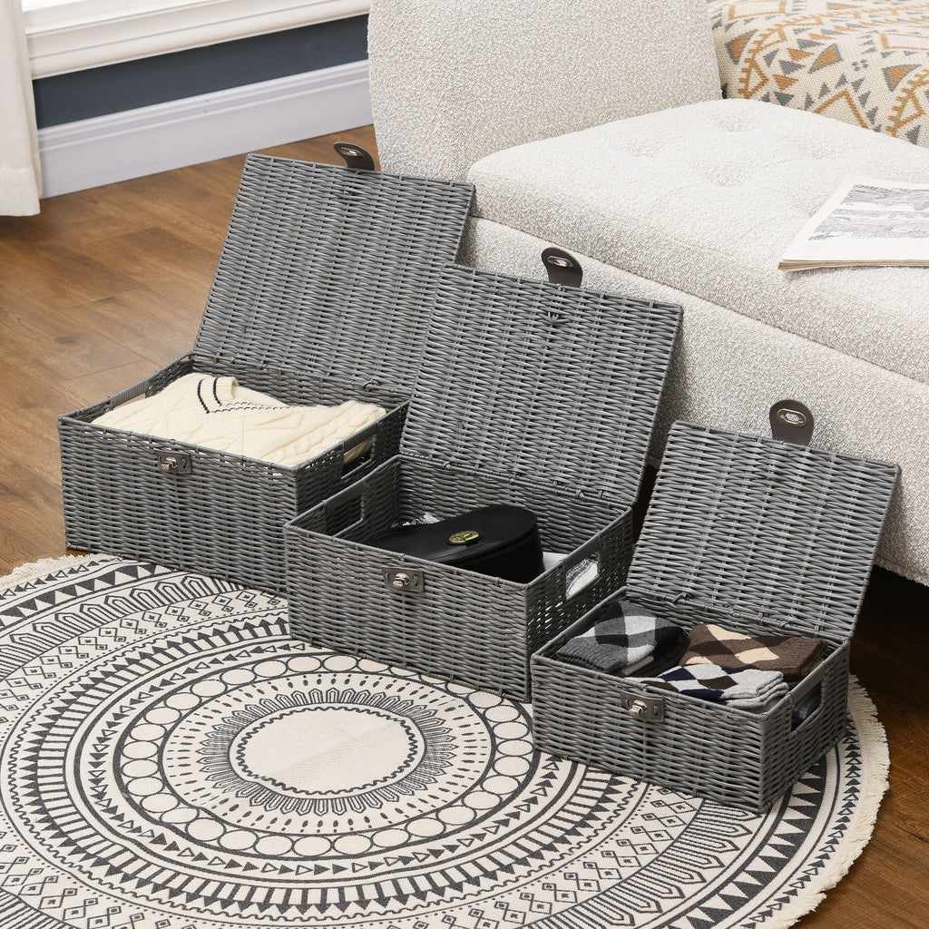 EasyComfort Set van 3 PP-rietenmanden met deksel, grijs