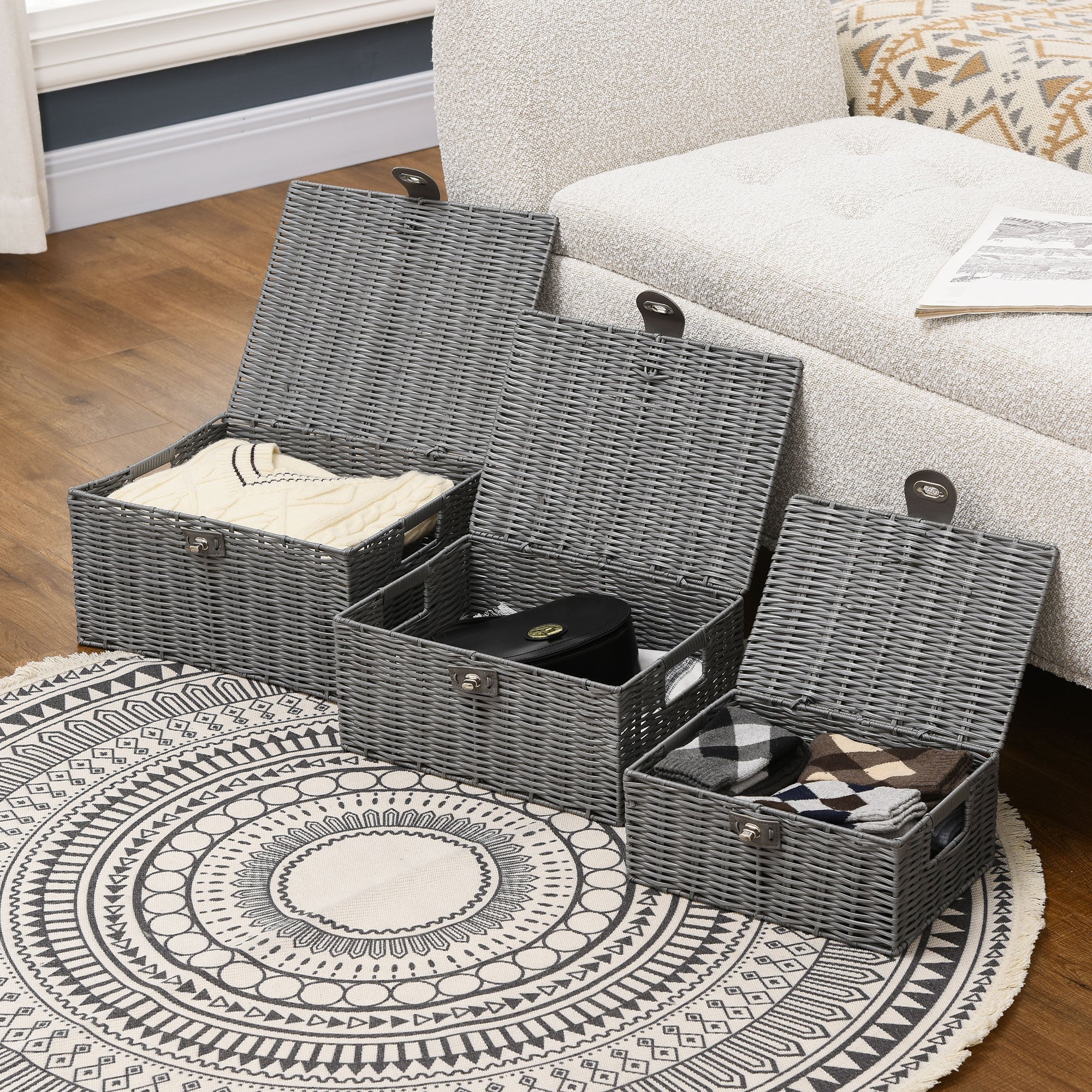 EasyComfort Set van 3 PP-rietenmanden met deksel, grijs