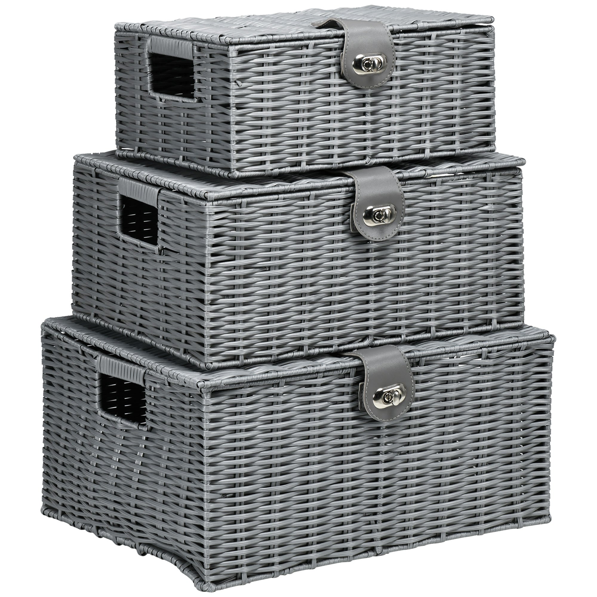 EasyComfort Set van 3 PP-rietenmanden met deksel, grijs