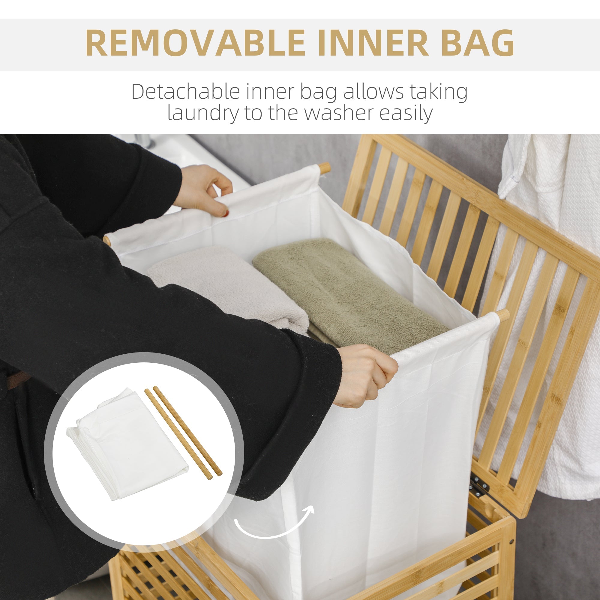 EasyComfort Wasmand van bamboe met afneembare tas en deksel 50x36x60 cm