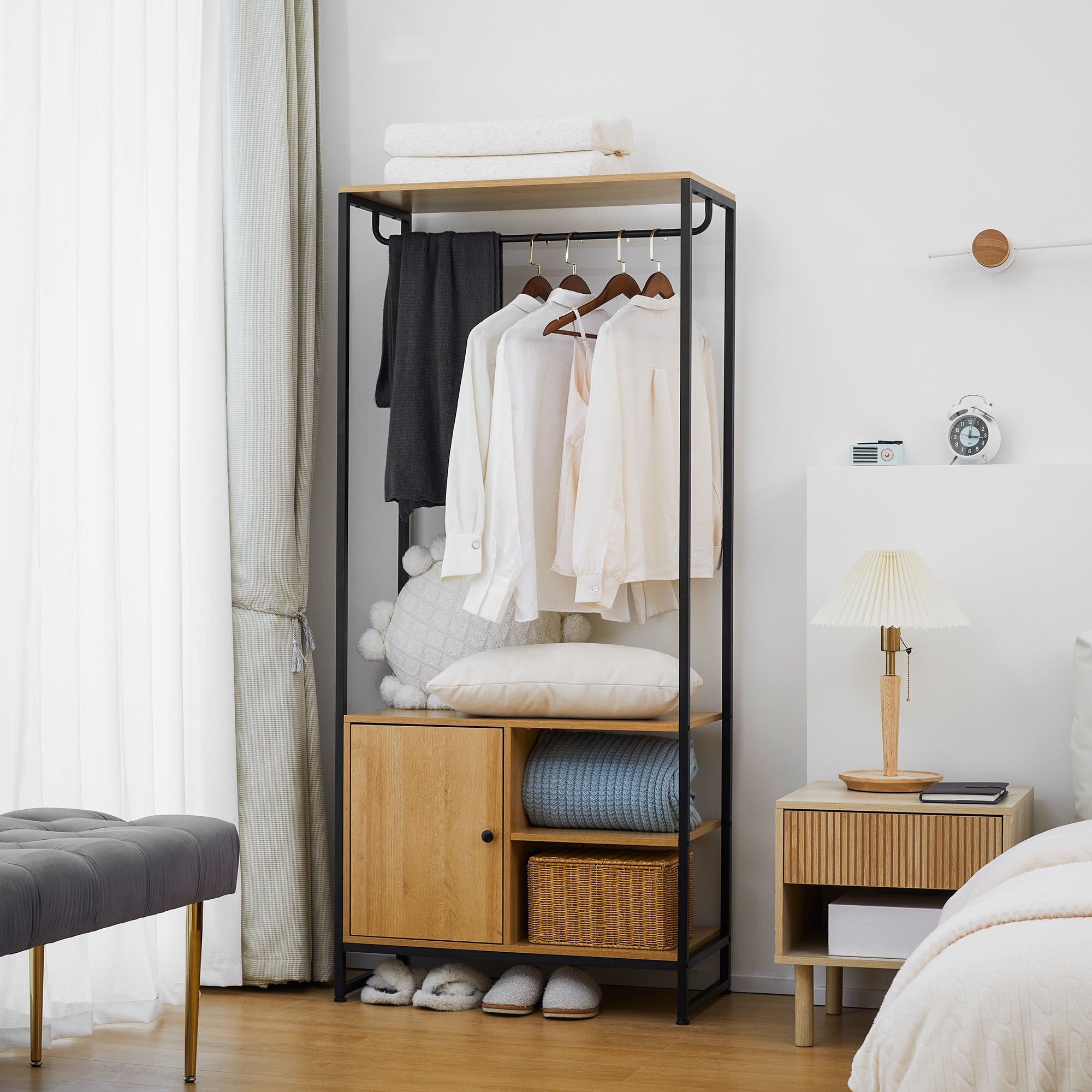 EasyComfort Appendiabiti in Acciaio e Legno Stile Industriale with Scarpiera e Ripiani, 80x40x180cm