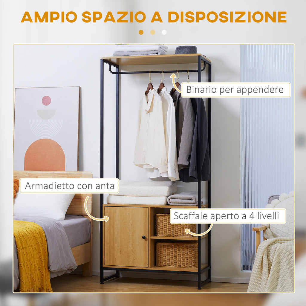 EasyComfort Appendiabiti in Acciaio e Legno Stile Industriale with Scarpiera e Ripiani, 80x40x180cm
