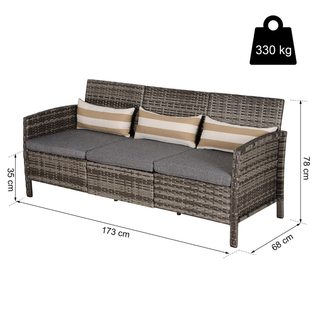 EASYCOMFORT Outdoor 3-Seater Sofa in PE Rattan with Gray Striped Cushions 173x68x78cm