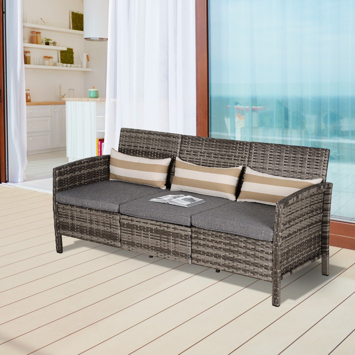 EASYCOMFORT Outdoor 3-Seater Sofa in PE Rattan with Gray Striped Cushions 173x68x78cm