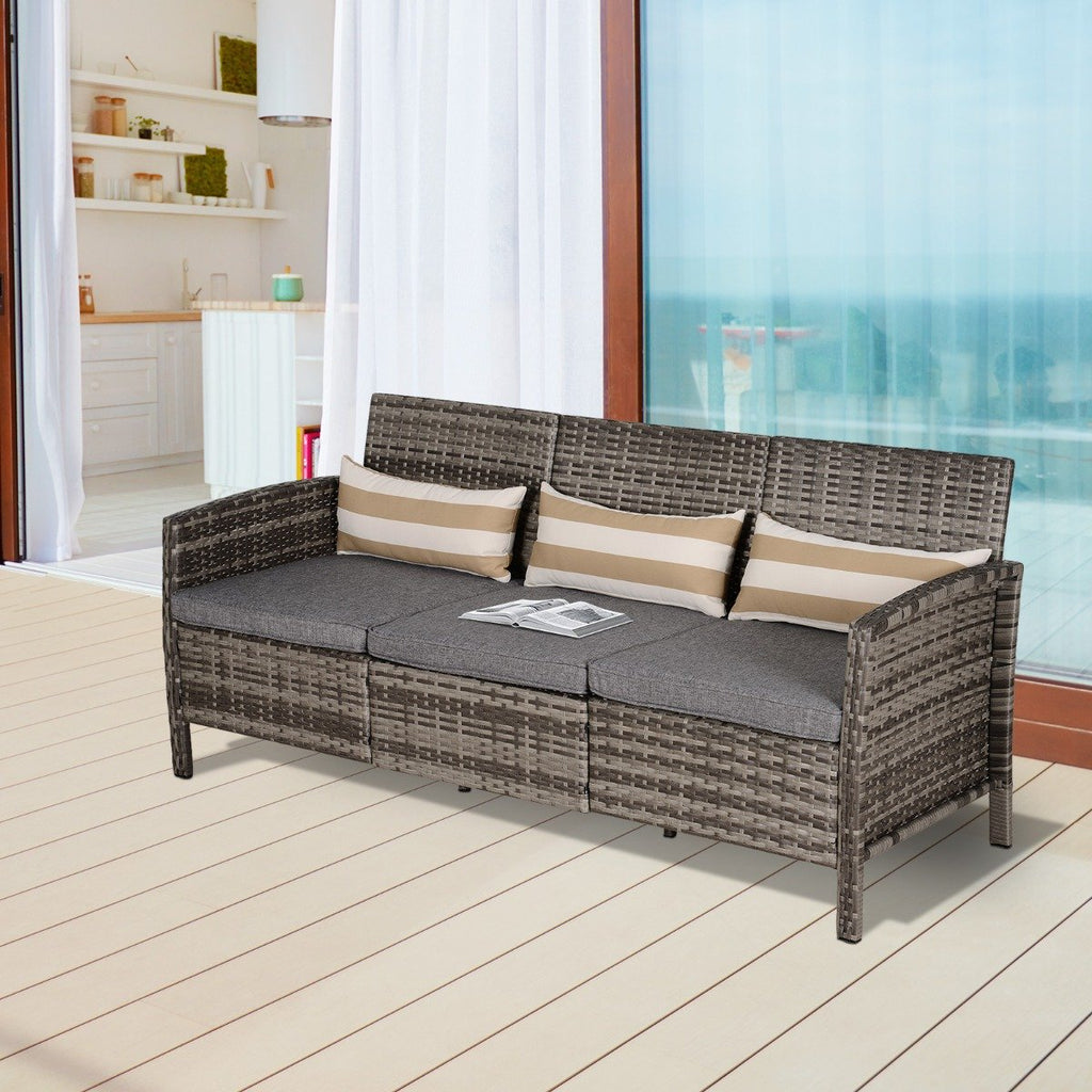 EASYCOMFORT Outdoor 3-Seater Sofa in PE Rattan with Gray Striped Cushions 173x68x78cm