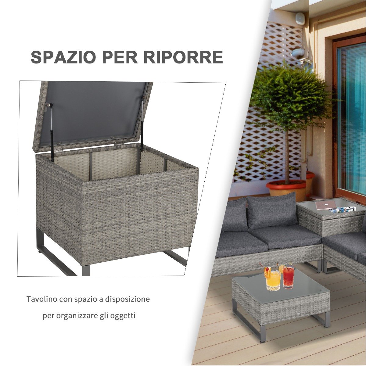 EASYCOMFORT Outdoor 3-Seater Sofa in PE Rattan with Gray Striped Cushions 173x68x78cm