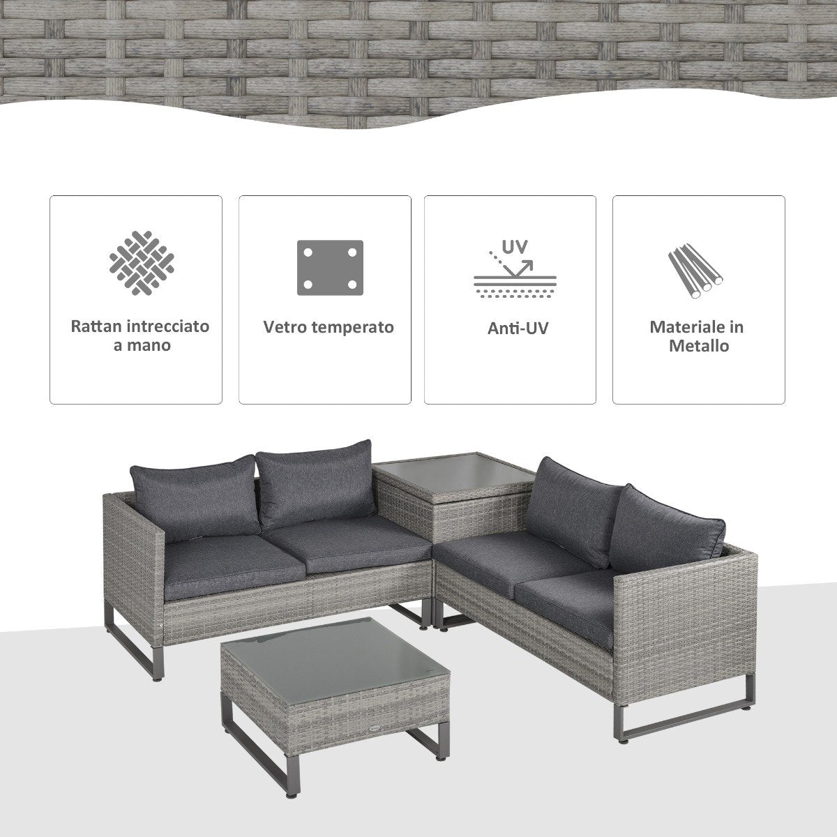 EASYCOMFORT Outdoor 3-Seater Sofa in PE Rattan with Gray Striped Cushions 173x68x78cm