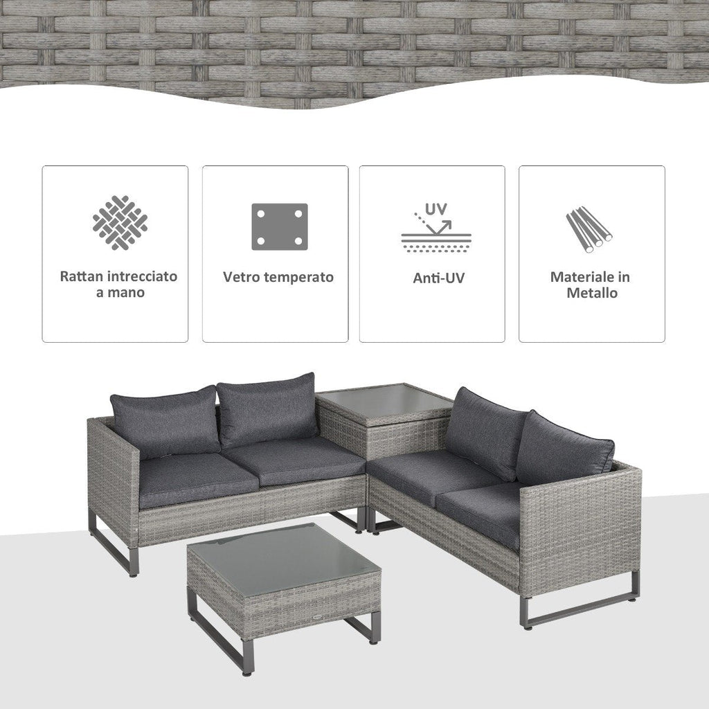 EASYCOMFORT Outdoor 3-Seater Sofa in PE Rattan with Gray Striped Cushions 173x68x78cm