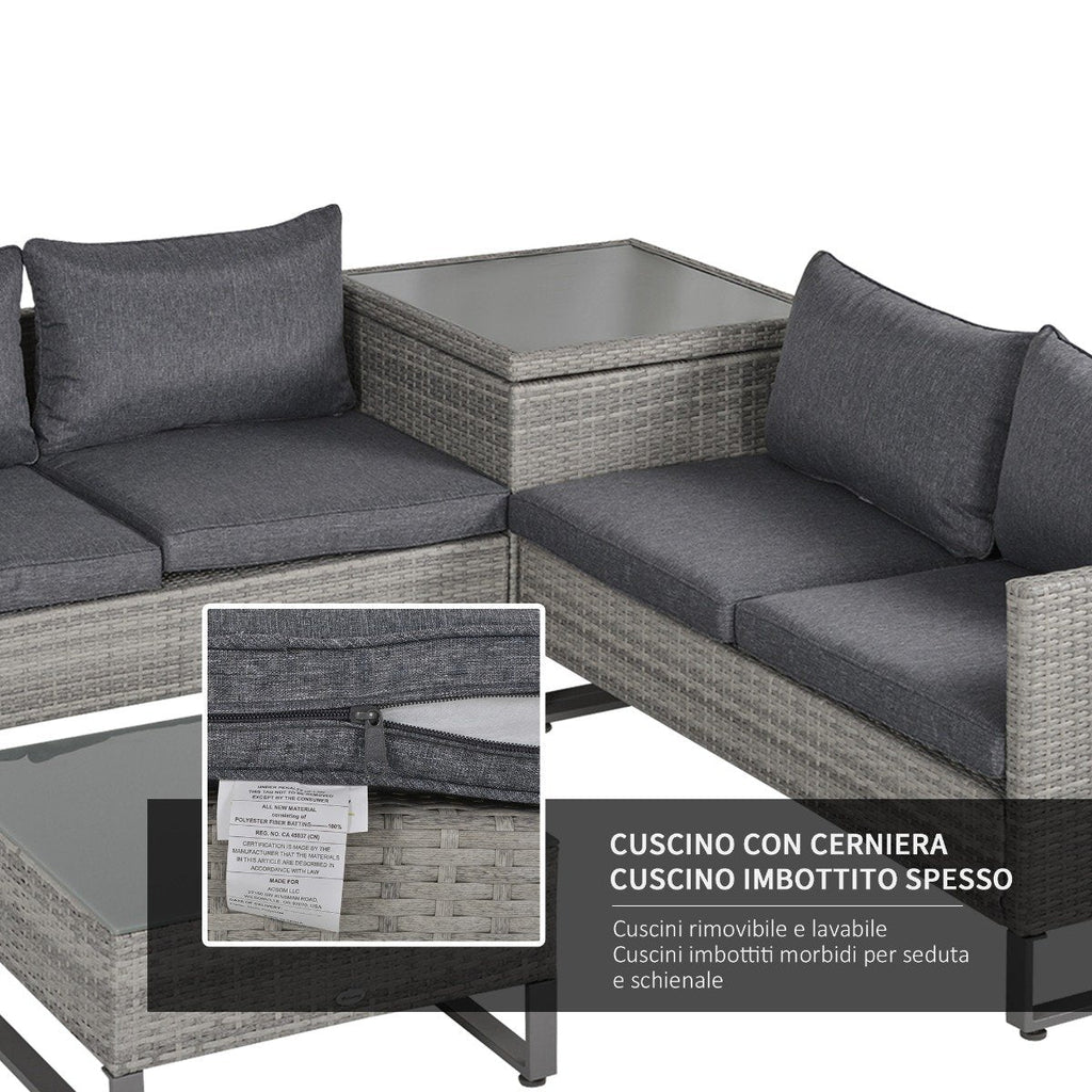 EASYCOMFORT Outdoor 3-Seater Sofa in PE Rattan with Gray Striped Cushions 173x68x78cm