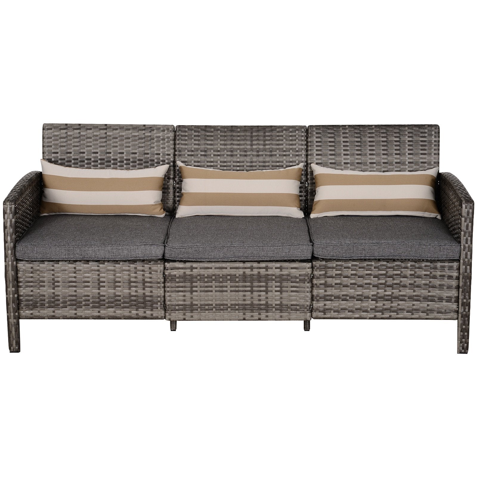 EASYCOMFORT Outdoor 3-Seater Sofa in PE Rattan with Gray Striped Cushions 173x68x78cm