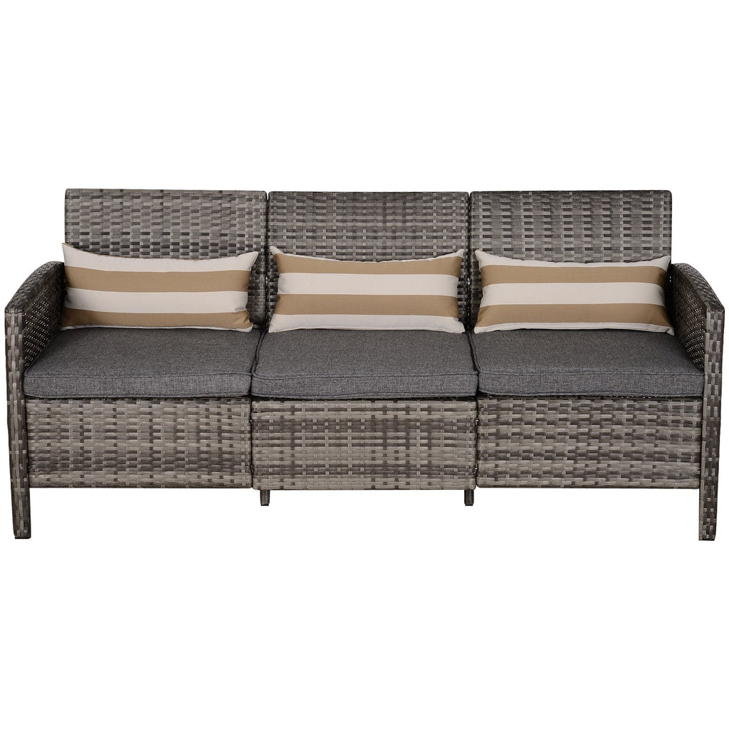EASYCOMFORT Outdoor 3-Seater Sofa in PE Rattan with Gray Striped Cushions 173x68x78cm