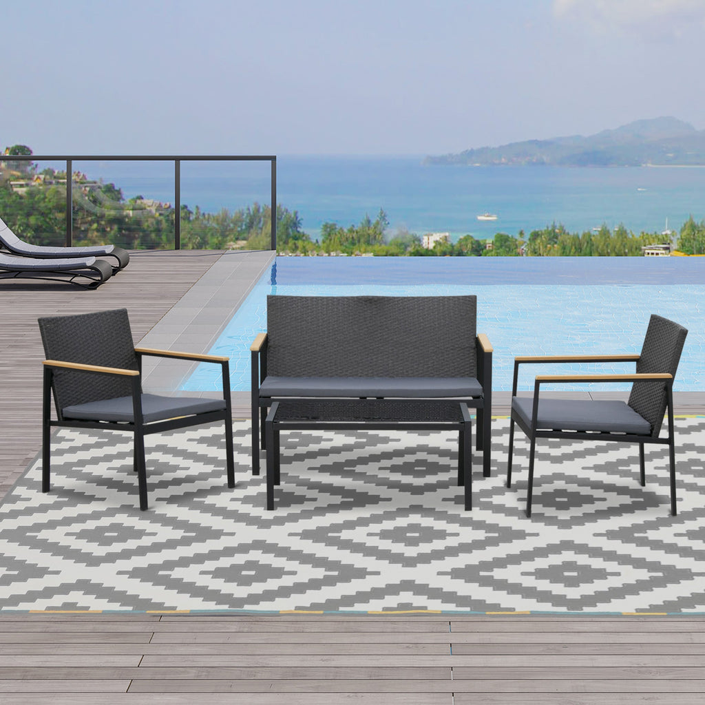 Easycomfort 4-delige loungeset voor buiten – 2 stoelen, bank en tafel – zwart