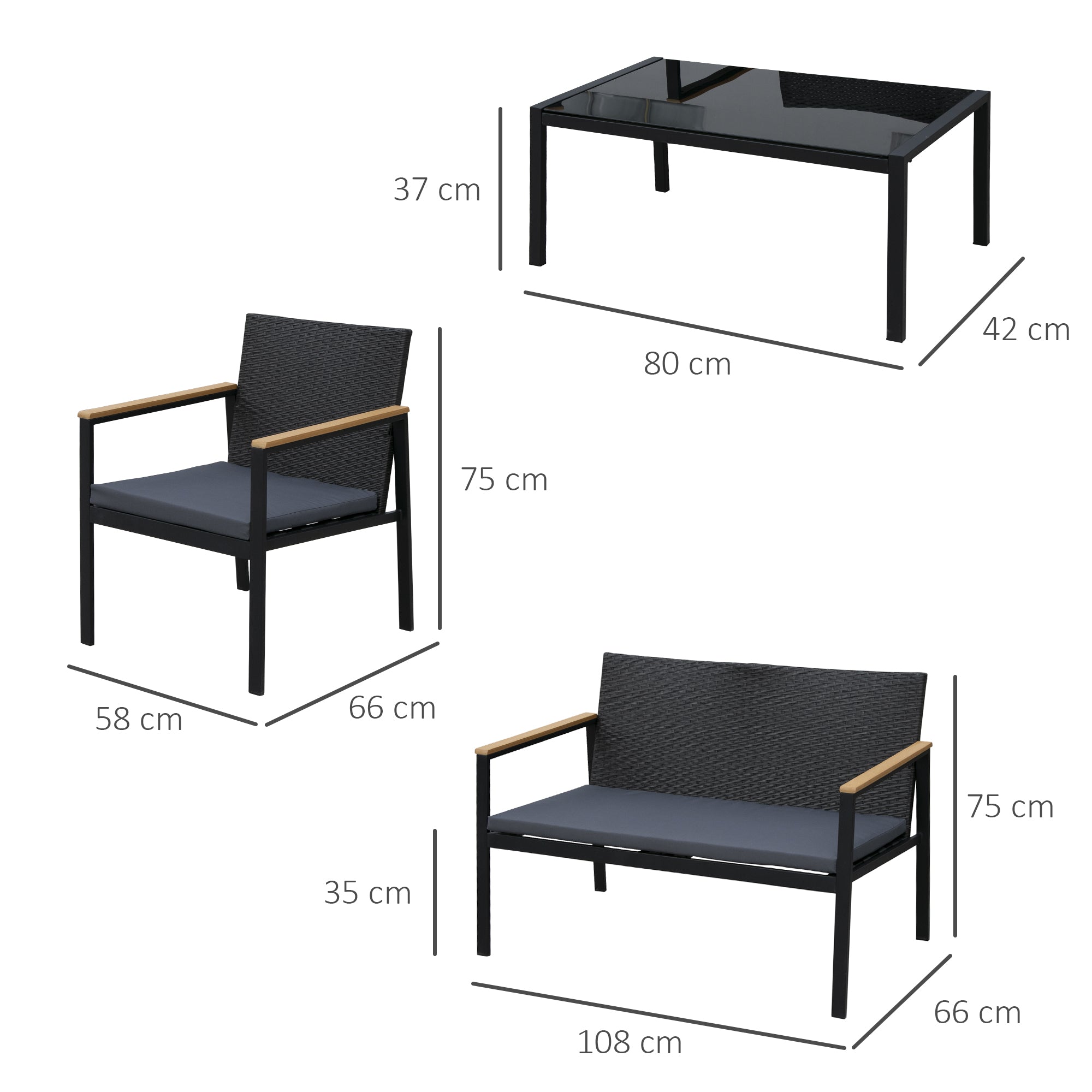 Easycomfort Set 4 Pezzi Salotto da Esterni with 2 Sedie, Divano e Tavolino Mobili da Giardino in Rattan e Acciaio black