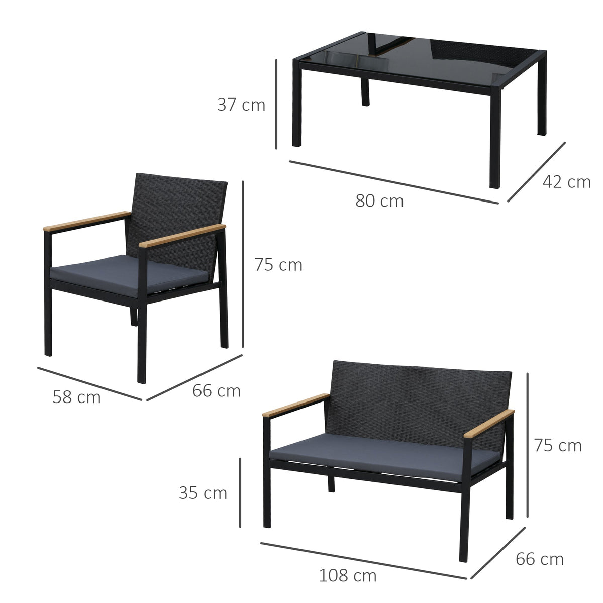 Easycomfort 4-delige loungeset voor buiten – 2 stoelen, bank en tafel – zwart
