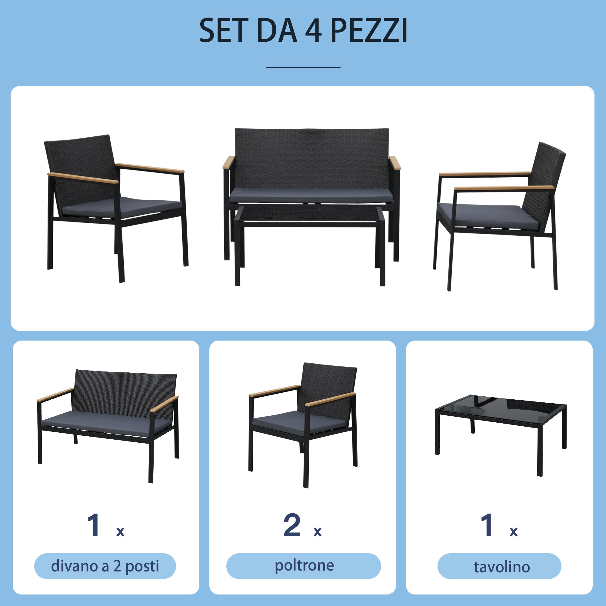 Easycomfort 4-delige loungeset voor buiten – 2 stoelen, bank en tafel – zwart
