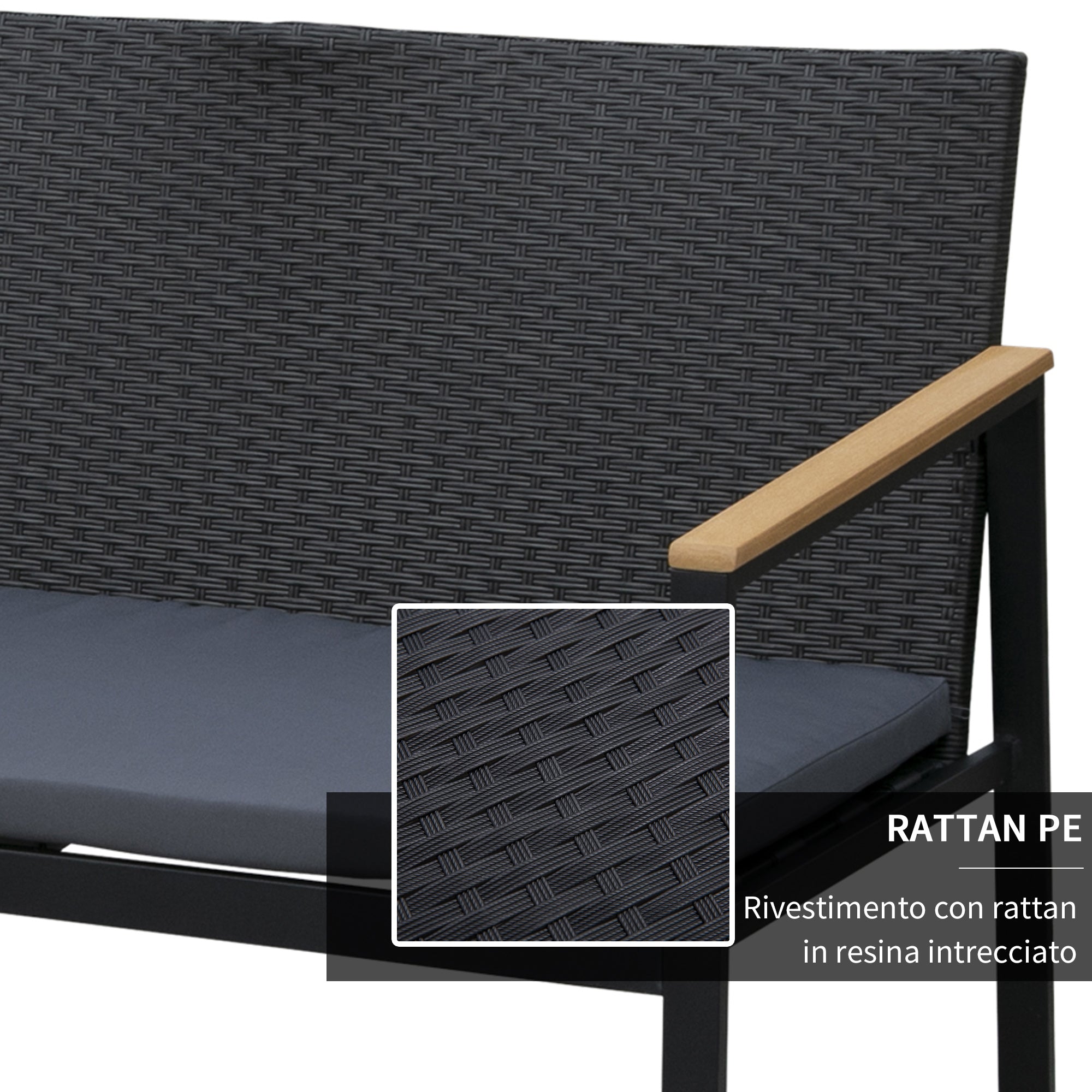 Easycomfort Set 4 Pezzi Salotto da Esterni with 2 Sedie, Divano e Tavolino Mobili da Giardino in Rattan e Acciaio black