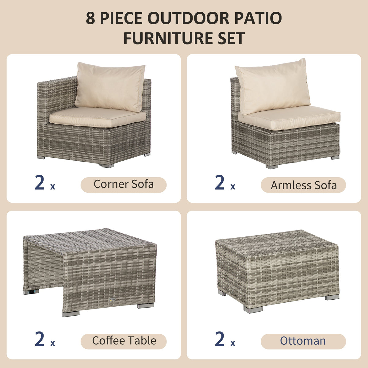 EasyComfort 8-delige PE-rattan tuinlounge set, beige/grijs