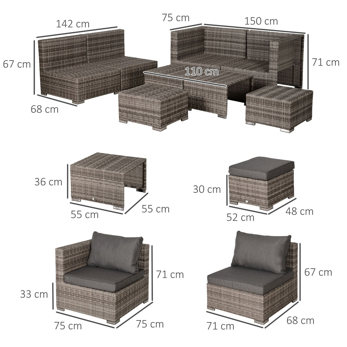 EasyComfort 8-delige PE-rattan loungeset - grijs