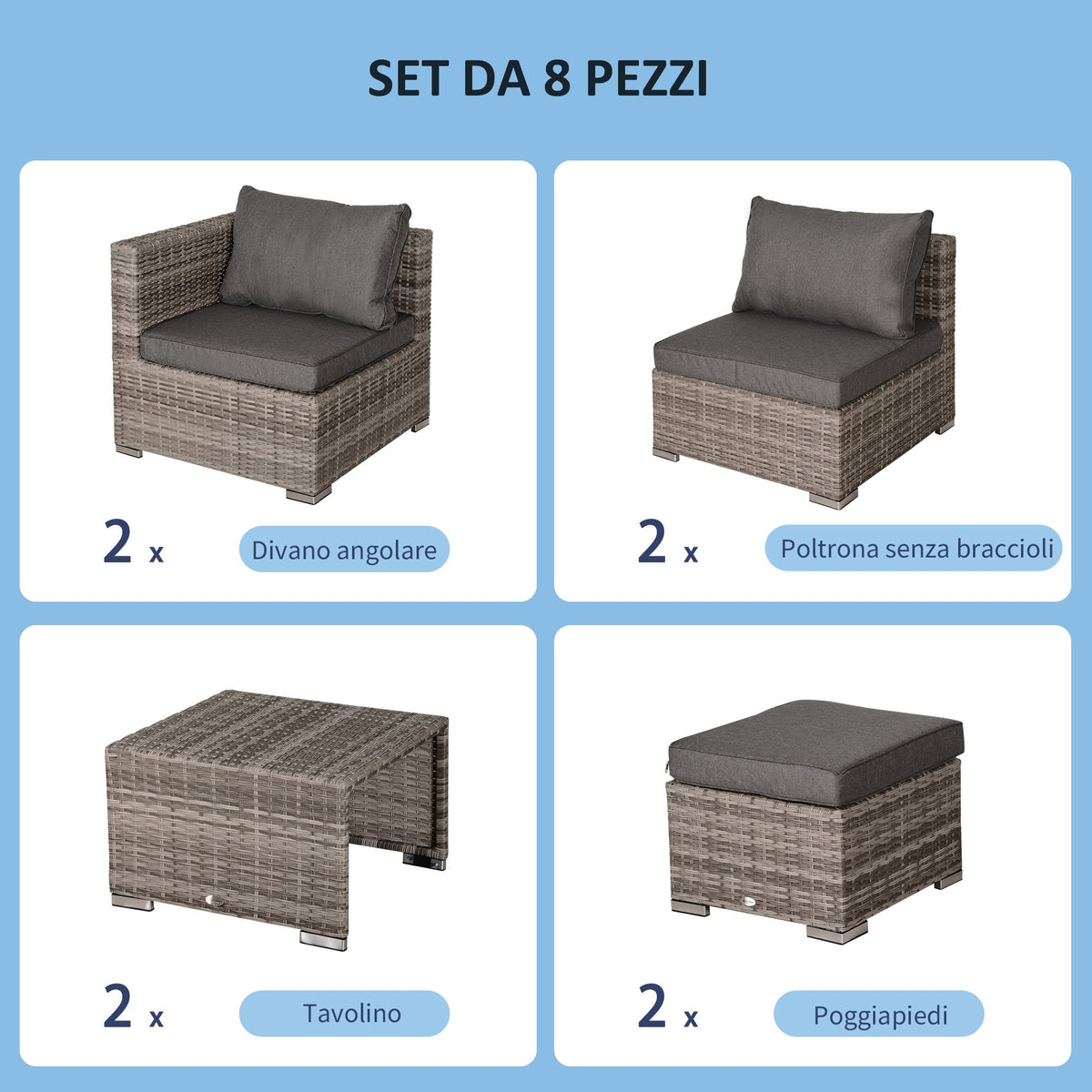 EasyComfort 8-delige PE-rattan loungeset - grijs