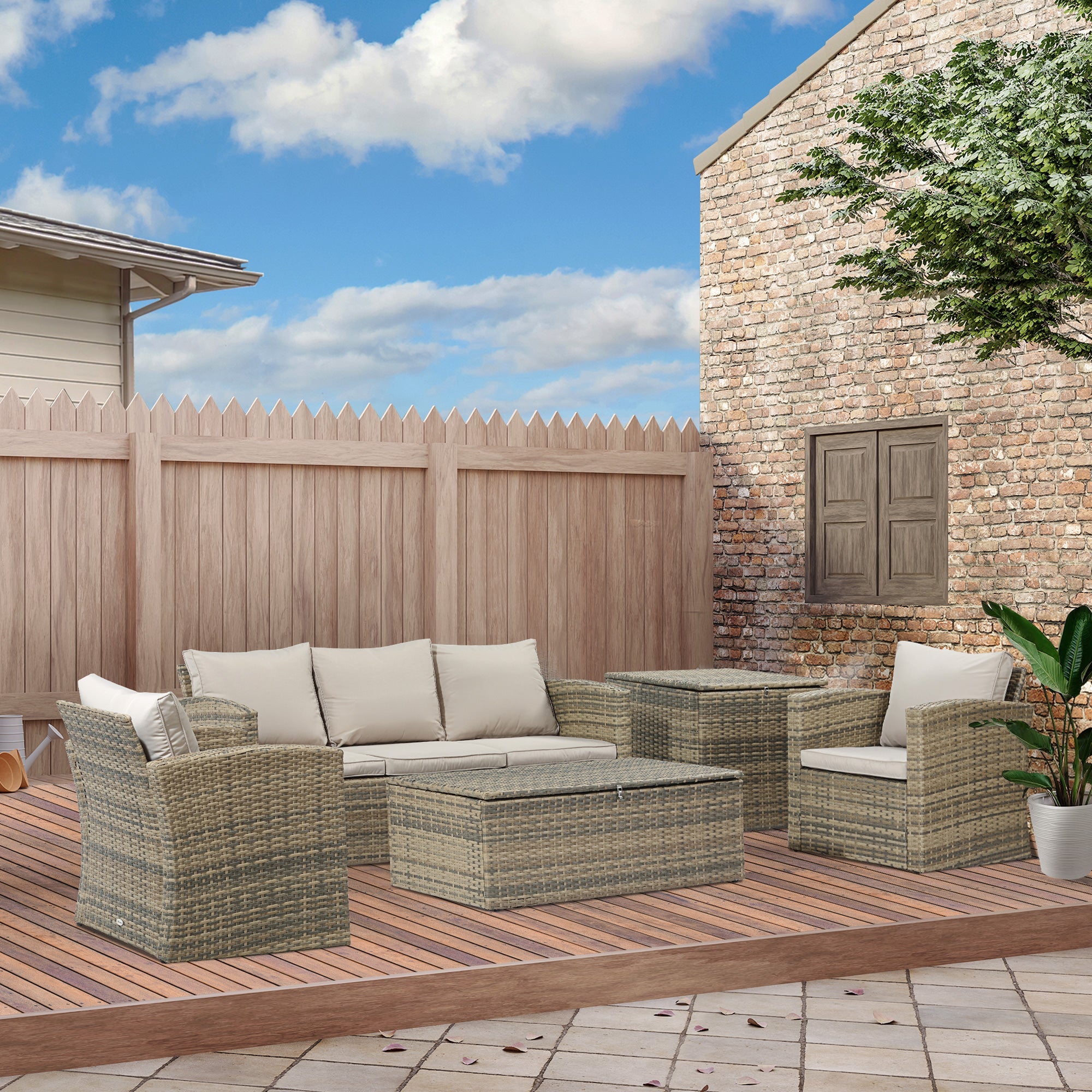 Easycomfort Set Mobili da Giardino 6 Pezzi in Rattan with Divani, Poltrone e Tavoli Contenitore, Beige