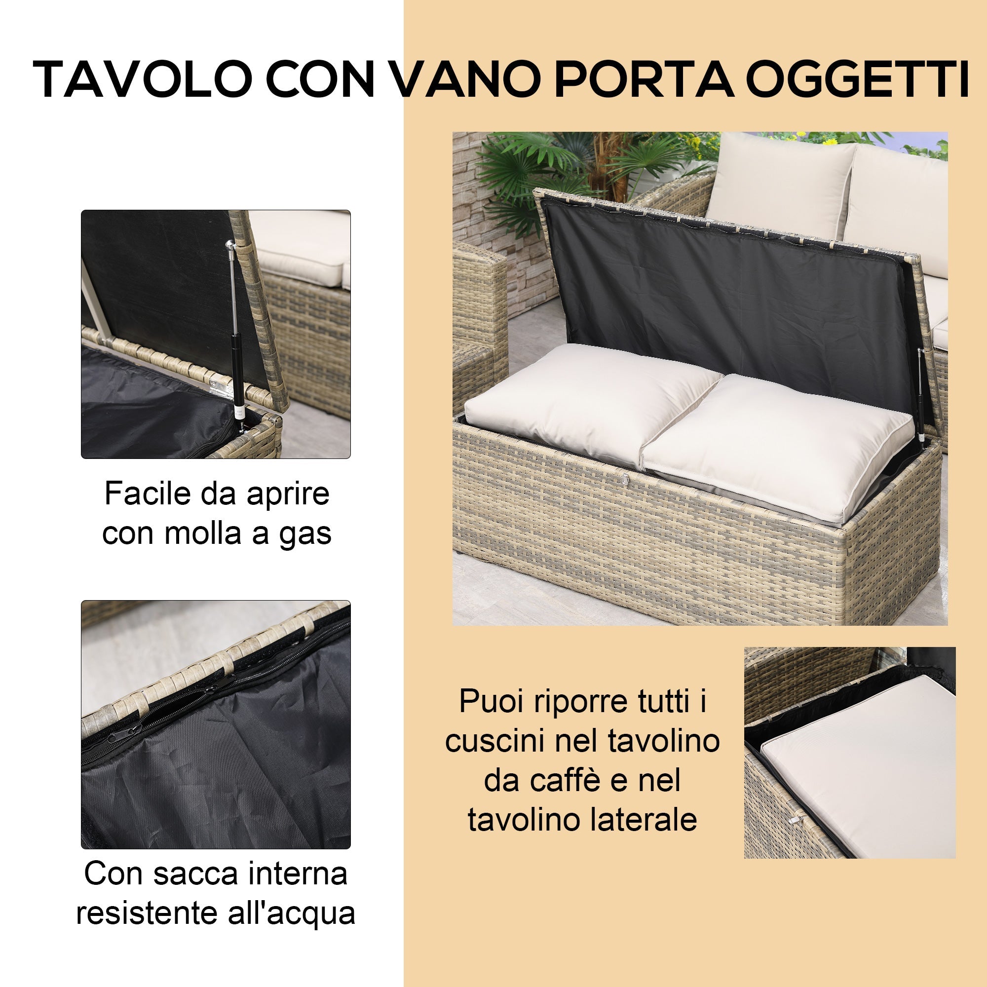 Easycomfort Set Mobili da Giardino 6 Pezzi in Rattan with Divani, Poltrone e Tavoli Contenitore, Beige