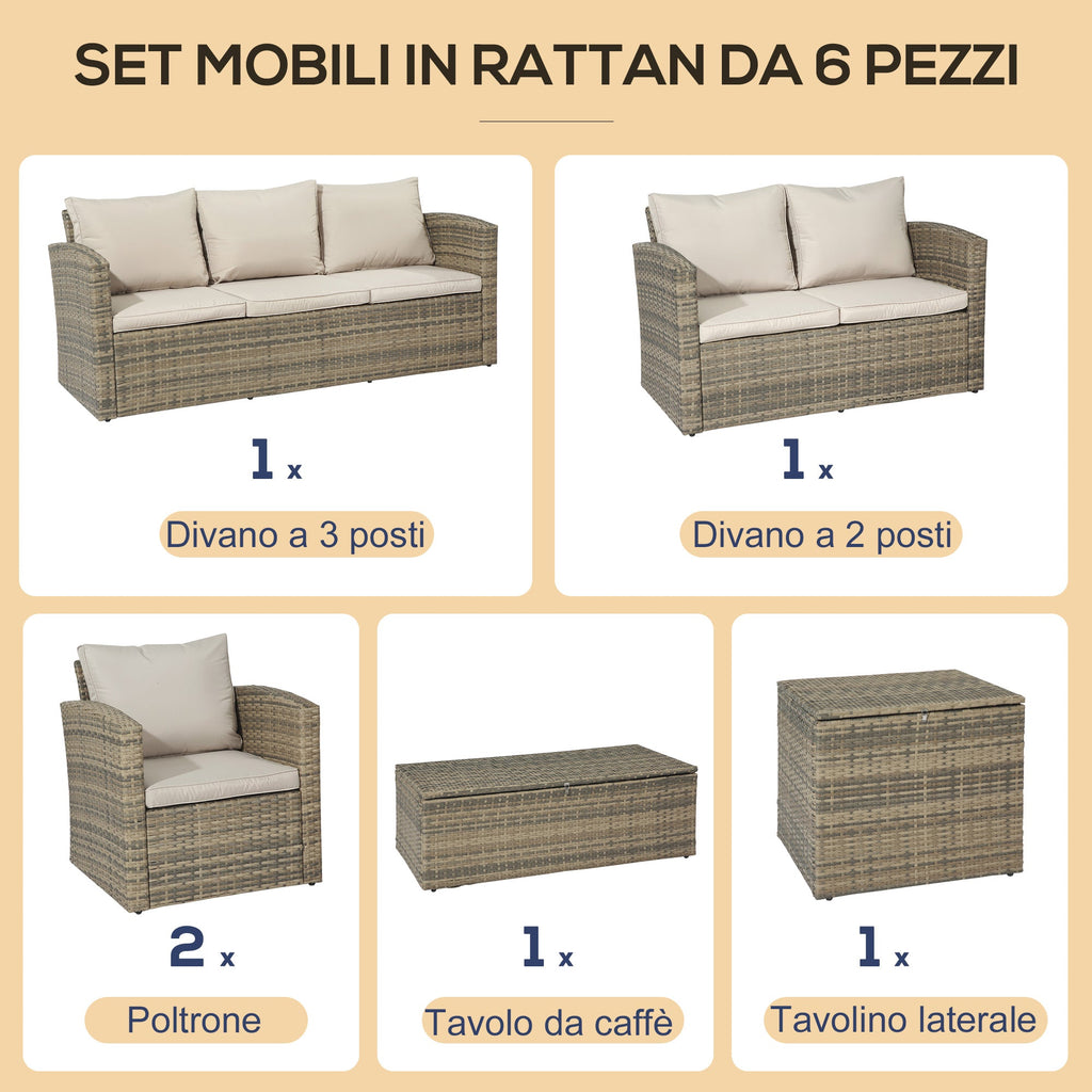 Easycomfort Set Mobili da Giardino 6 Pezzi in Rattan with Divani, Poltrone e Tavoli Contenitore, Beige